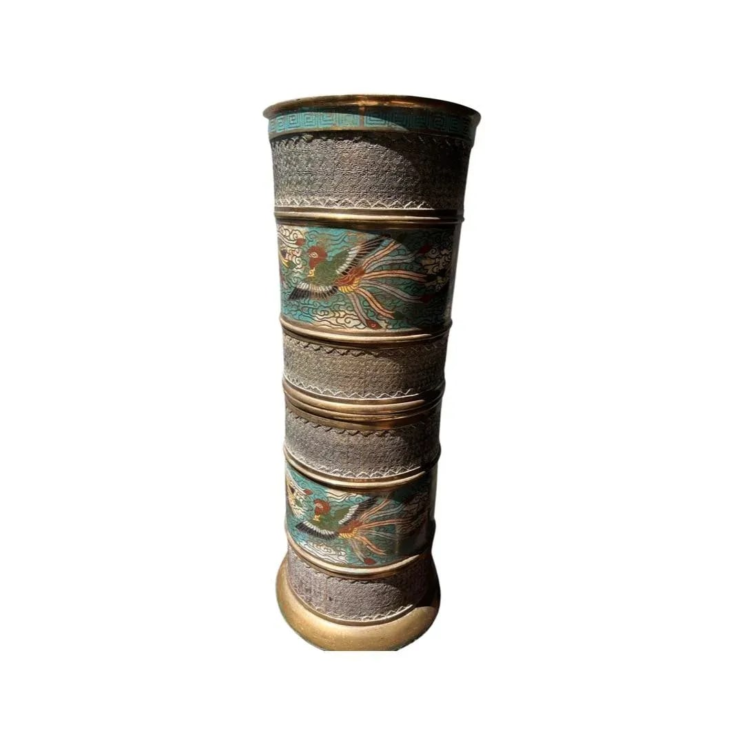 Antique Chinese Bronze & Cloisonne Phoenix Umbrella Stand - 5