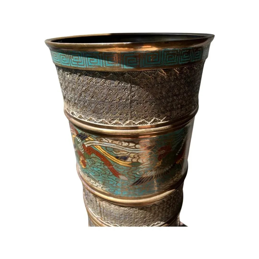 Antique Chinese Bronze & Cloisonne Phoenix Umbrella Stand - 7