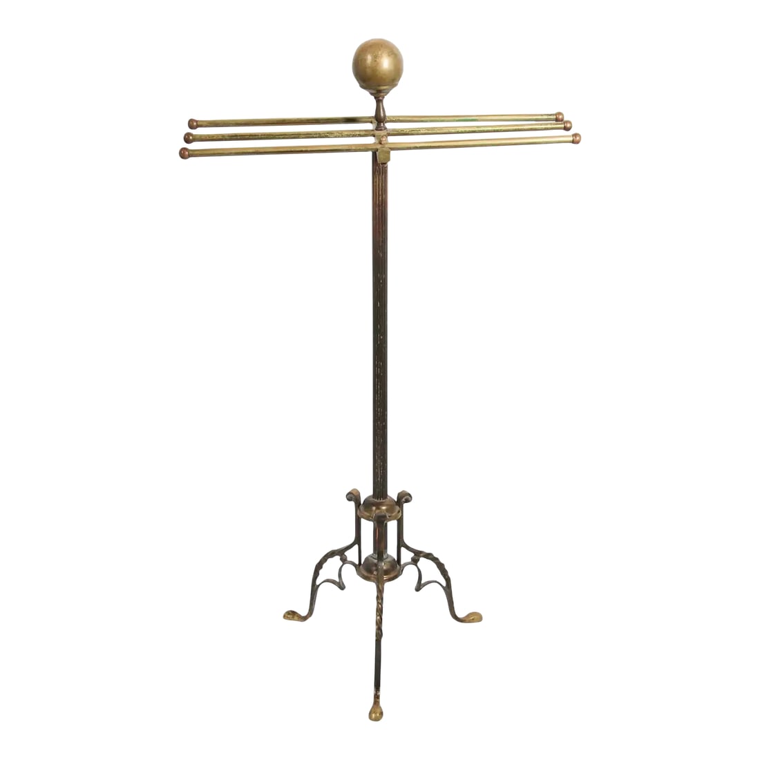 Antique Hollywood Regency Brass Towel Rack Valet Stand 1950's: Antique Stylish Brass Towel Rack Valet Stand, 1950's. Hollywood Regency antique brass valet towel stand. Stylish and elegant brass valet stand. Perfect for any gentleman's closet, bedroom or bathroom.