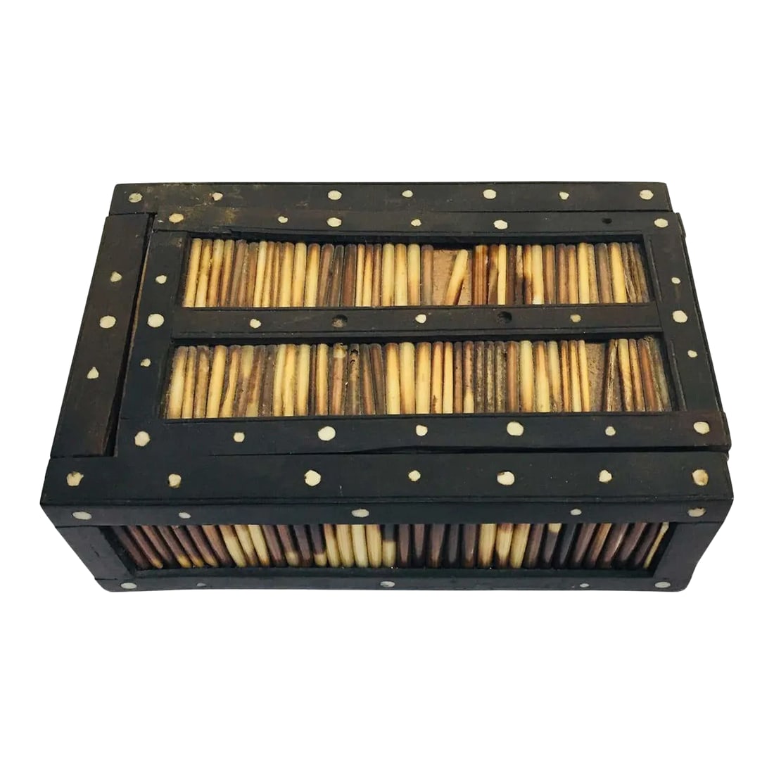 Antique Anglo Indian Box Handcrafted with Porcupine Quills: Antique Anglo-Indian quill box handcrafted and decorated with porcupine quills and bone dots. Made in Ceylon which was the colonial name for Sri Lanka. Condition: Alterations: Unknown Imperfections: S
