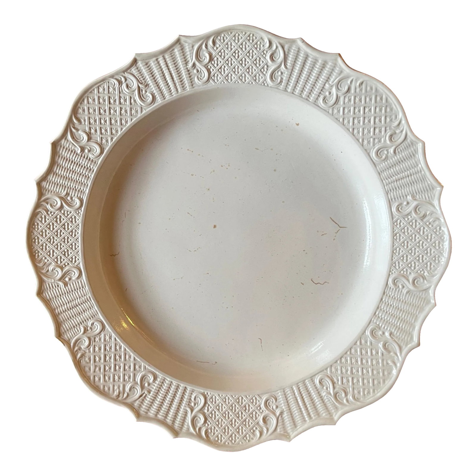Antique 18th Century English George III Salt Glaze Round Charger Platter or Meat Plate: A fine 18th c. saltglaze charger with molded bas relief decoration around the shaped border. Charger is in the form of a silver meat platter of the period. Good condition - a few small crease lines