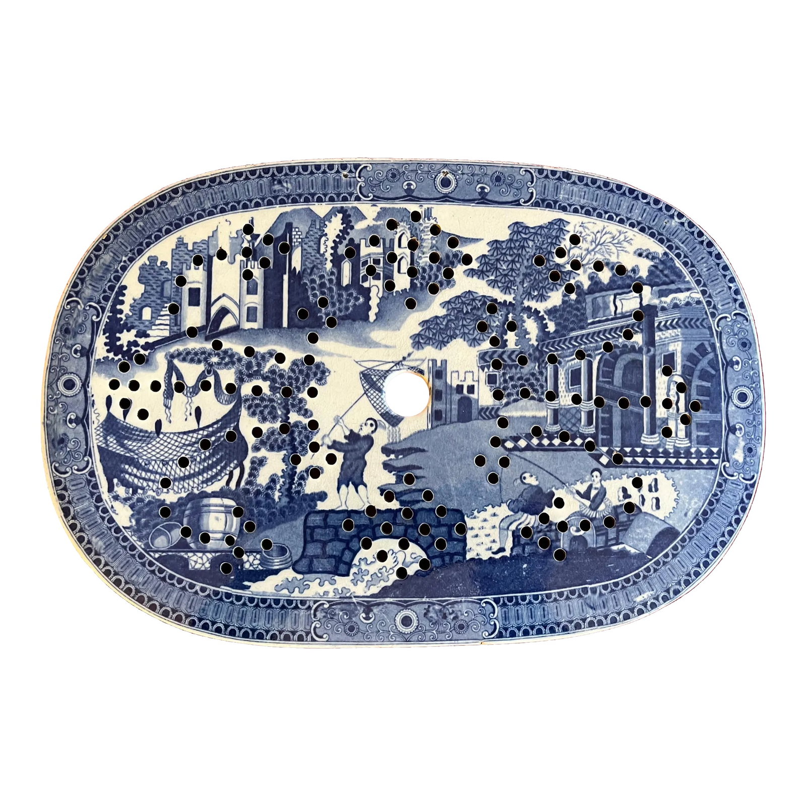 Antique Early 19th Century English Staffordshire Pearlware Blue & White Transfer Ware Mazarin Strain: Antique early 19th century English Staffordshire pearlware blue & white transferware mazarin strainer for a platter. Decorated with an intricate Chinese harbor landscape scene with fishermen and class