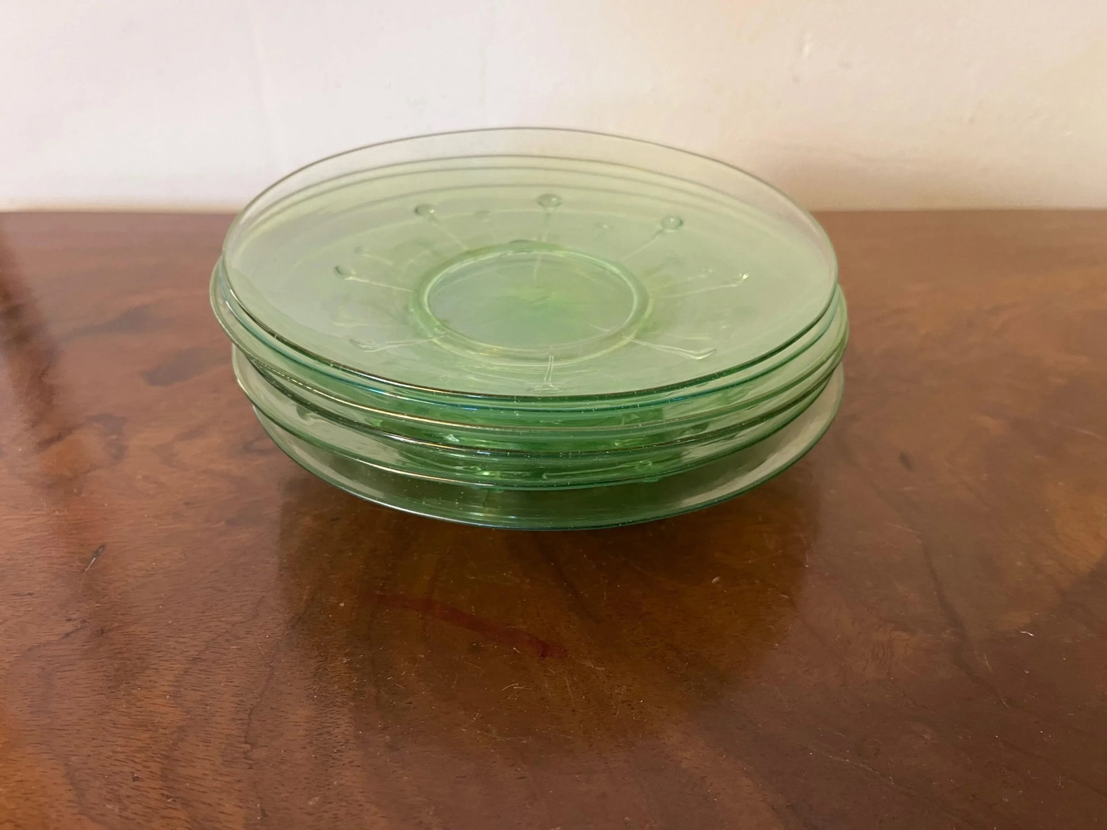 Antique 1920 American Art Glass Light Green Lily Pad Plates- Set of 6 - 11