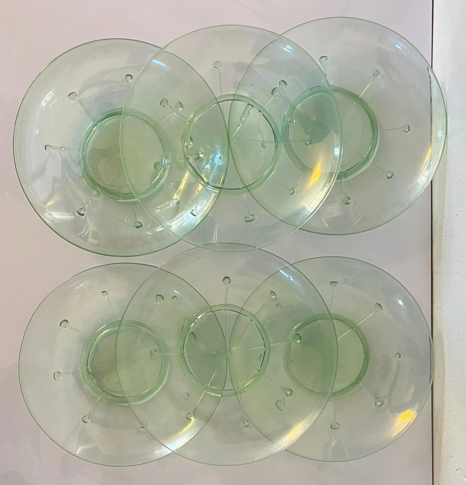 Antique 1920 American Art Glass Light Green Lily Pad Plates- Set of 6 - 12