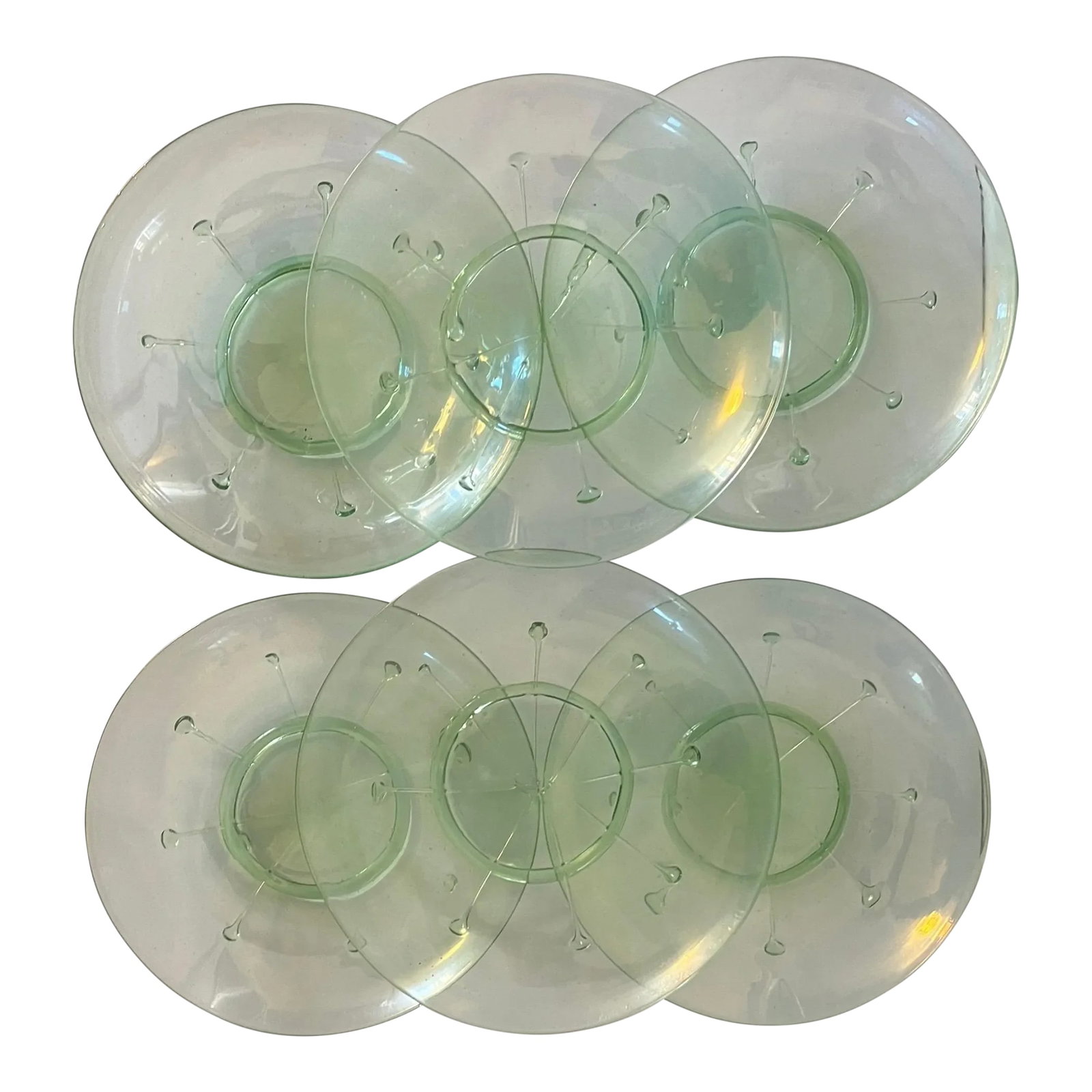 Antique 1920 American Art Glass Light Green Lily Pad Plates- Set of 6: Set 6 Antique 1920 American art glass light green lily pad plates. Measure 6 7/8" diameter. Each is hand blown and slightly different with hand applied threading and a slight iridescent quality. Good