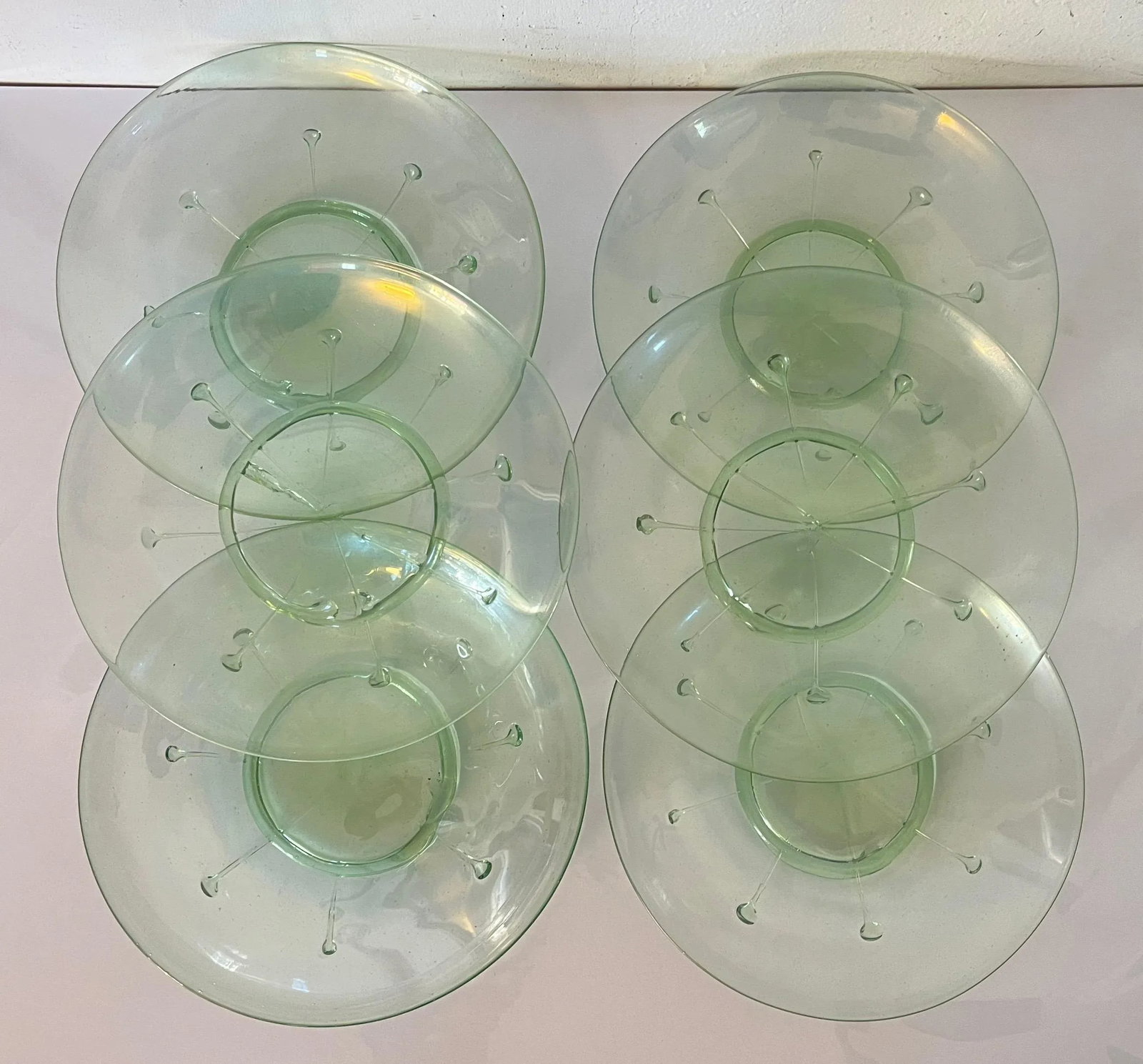 Antique 1920 American Art Glass Light Green Lily Pad Plates- Set of 6 - 2