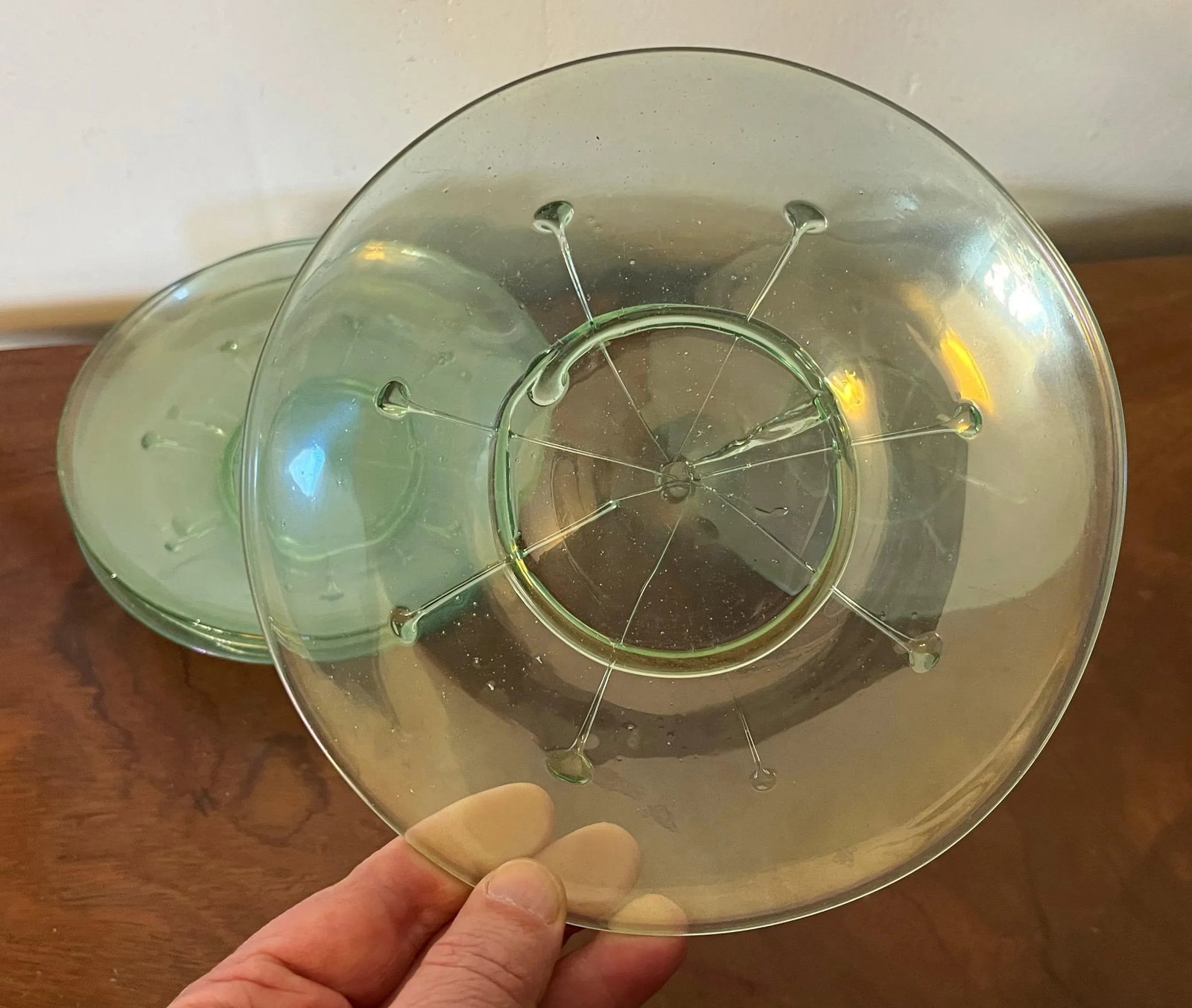 Antique 1920 American Art Glass Light Green Lily Pad Plates- Set of 6 - 5