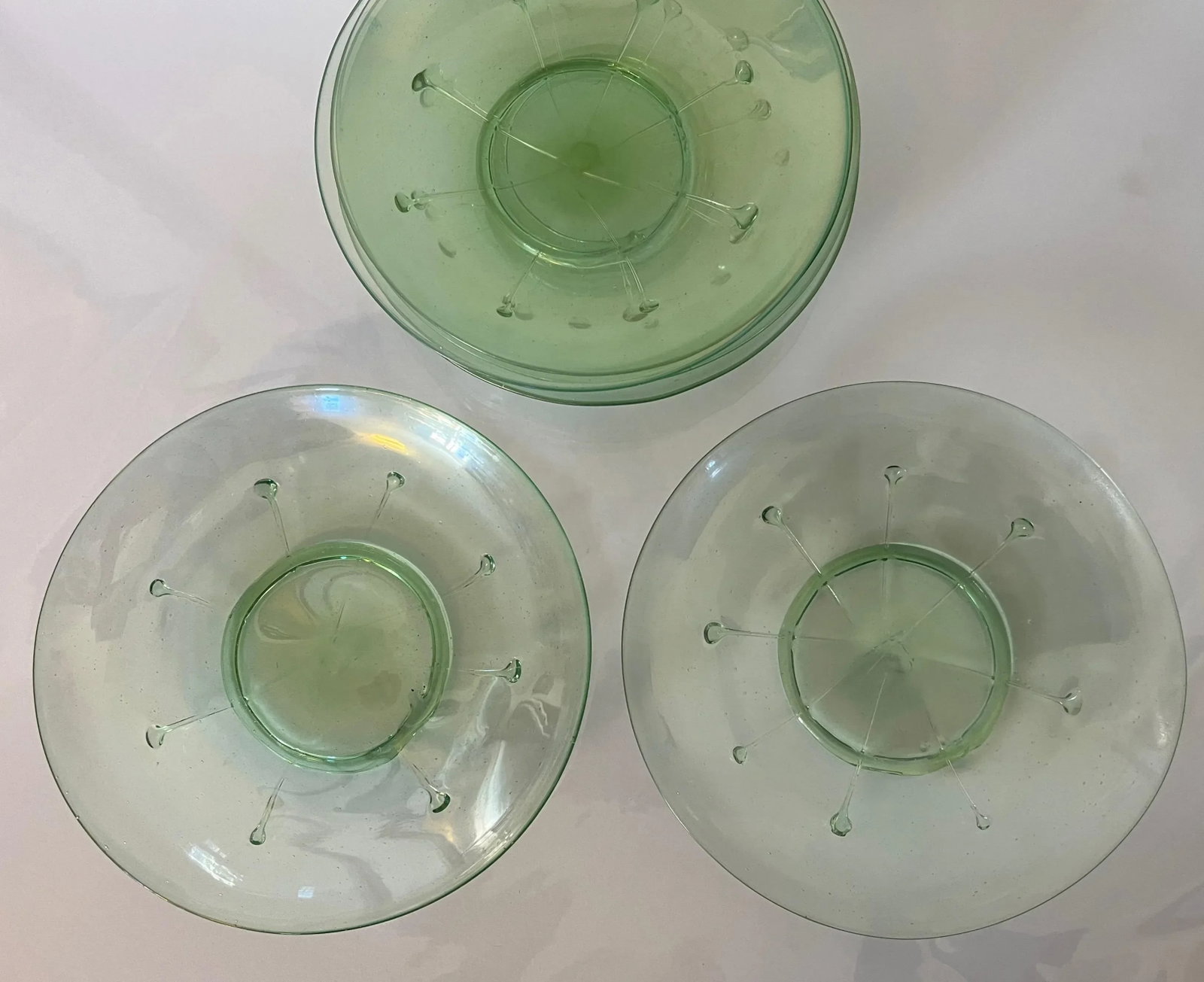 Antique 1920 American Art Glass Light Green Lily Pad Plates- Set of 6 - 6