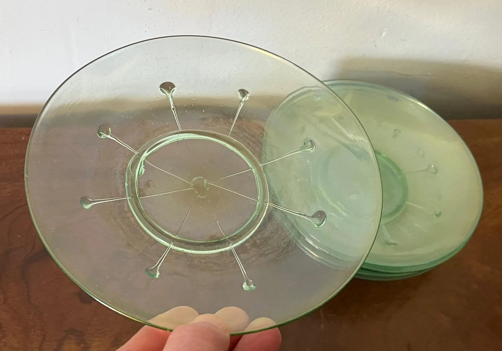 Antique 1920 American Art Glass Light Green Lily Pad Plates- Set of 6 - 8