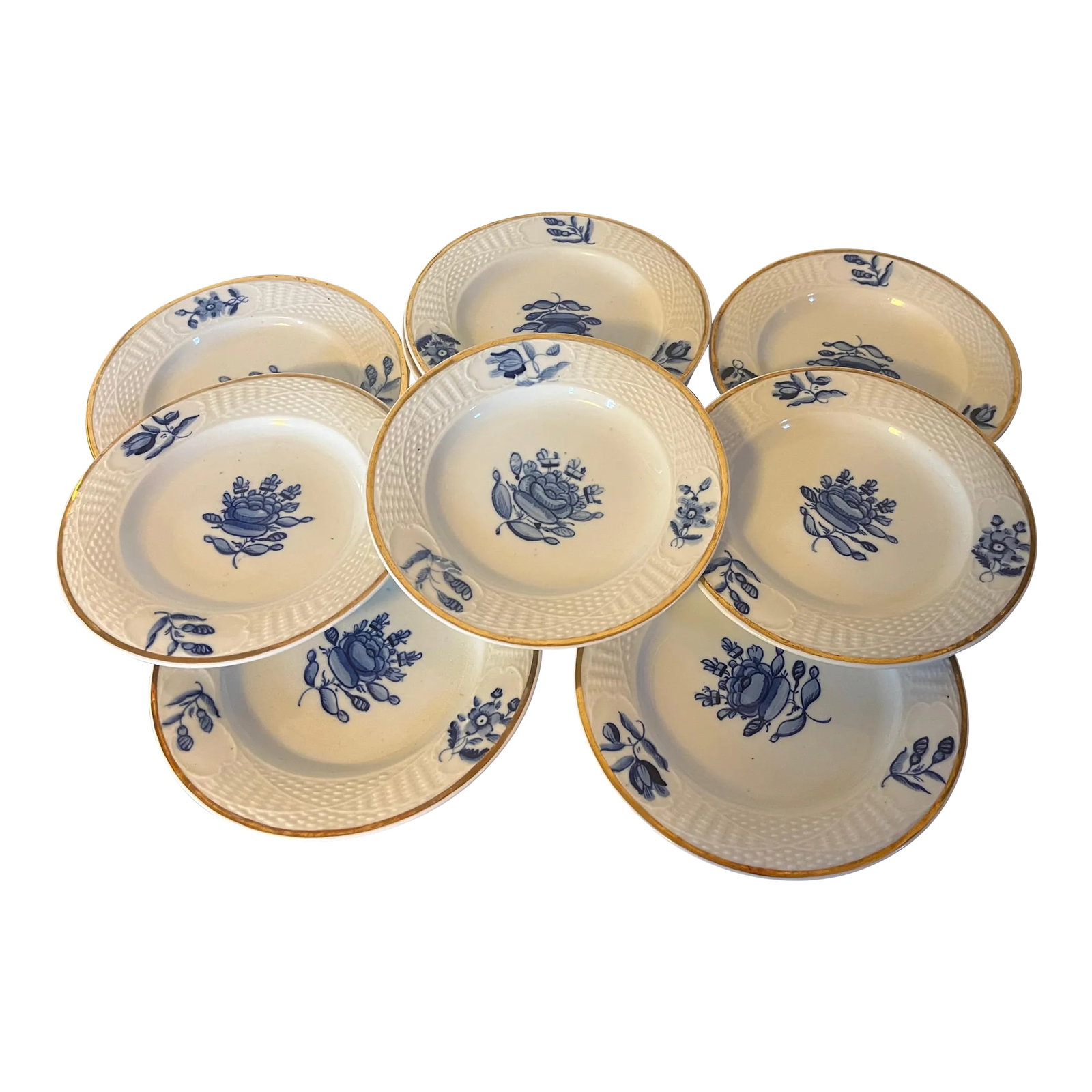 Small 7" Antique English Blue & White Porcelain Serving Plates With Basketweave Border - Set of 10: Set of 10 small antique English blue & white porcelain serving plates with relief molded basketweave border. Each measures 7" diameter. Decorated with deep blue flowers and a gilt border. Good