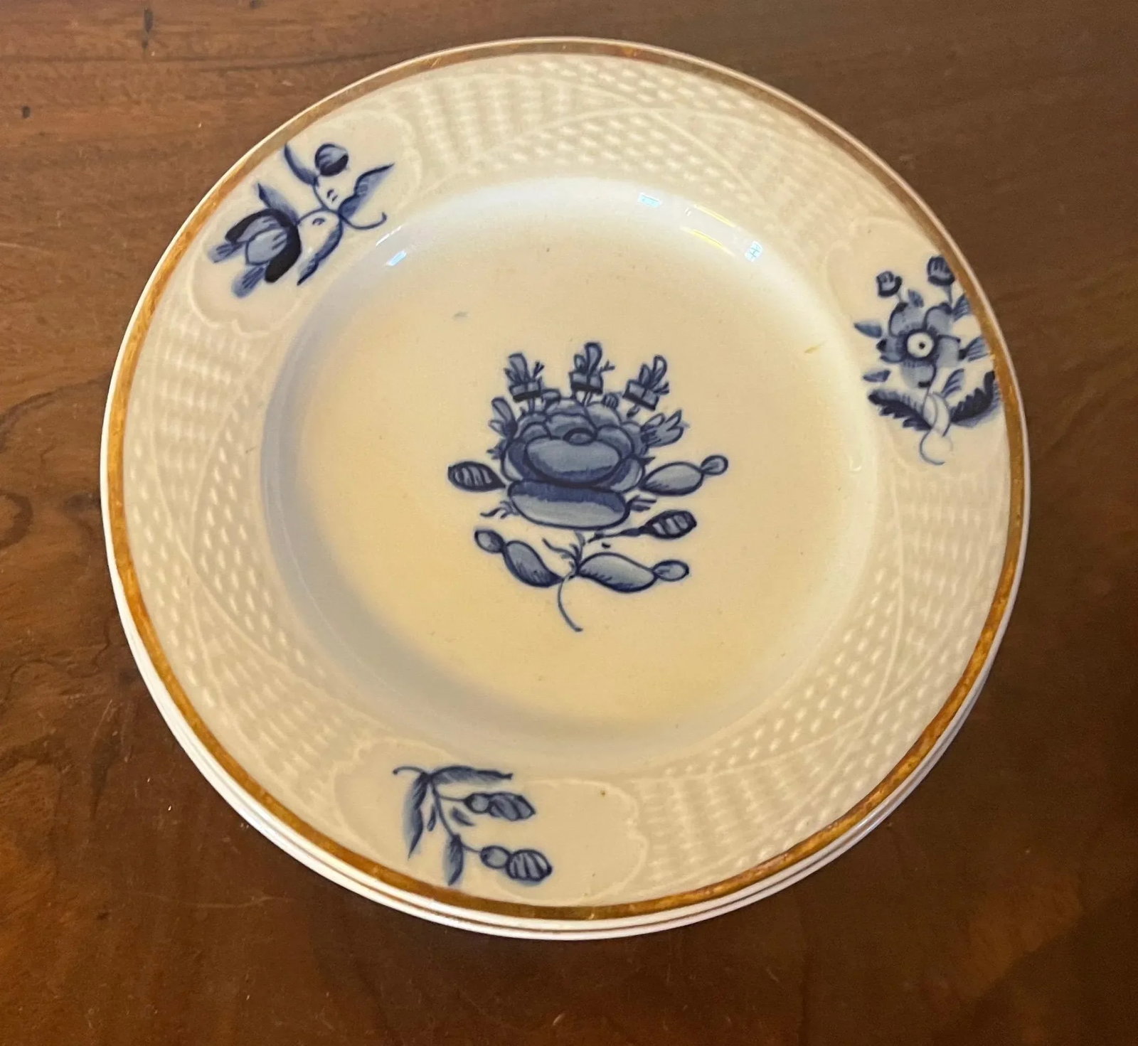 Small 7" Antique English Blue & White Porcelain Serving Plates With Basketweave Border - Set of 10 - 2