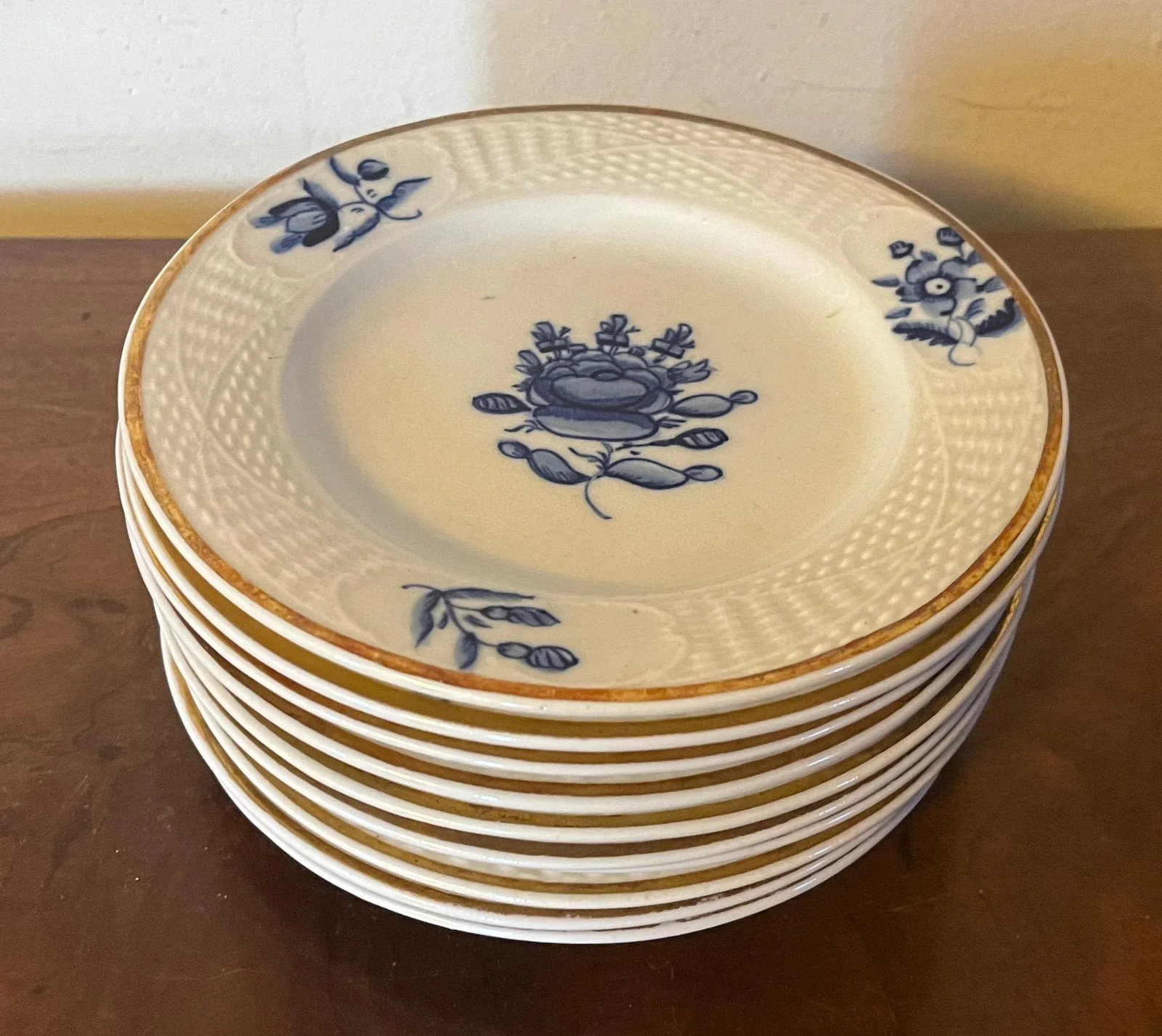 Small 7" Antique English Blue & White Porcelain Serving Plates With Basketweave Border - Set of 10 - 3