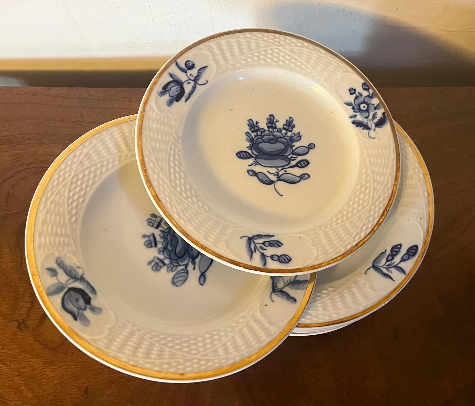 Small 7" Antique English Blue & White Porcelain Serving Plates With Basketweave Border - Set of 10 - 4