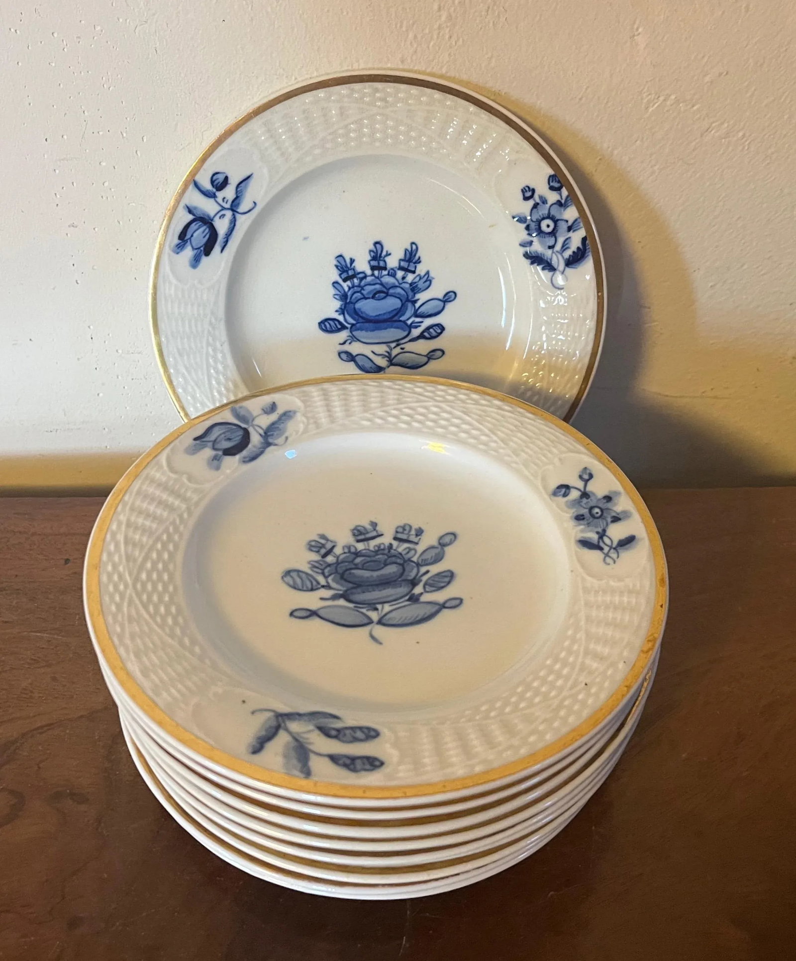 Small 7" Antique English Blue & White Porcelain Serving Plates With Basketweave Border - Set of 10 - 5