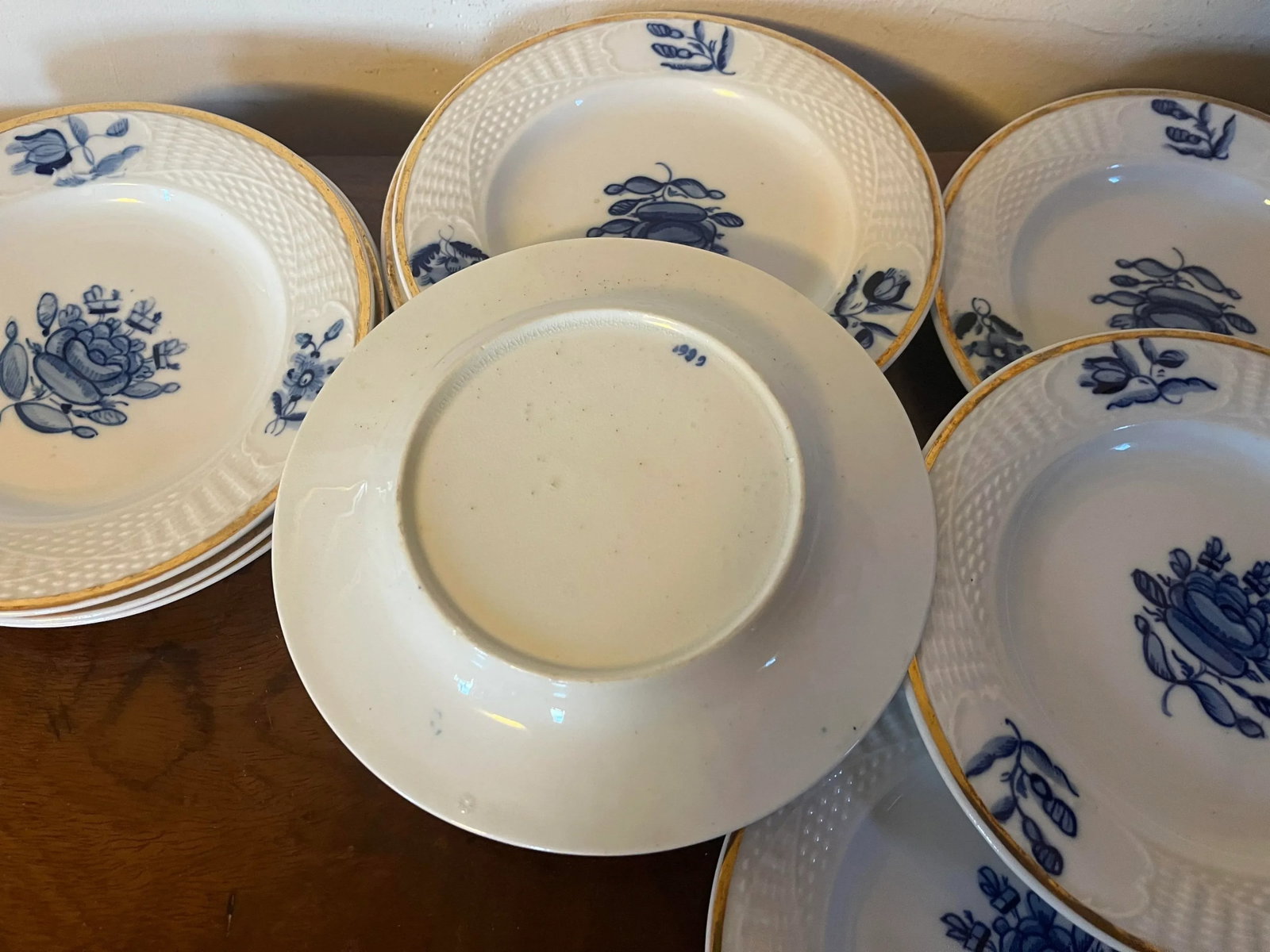 Small 7" Antique English Blue & White Porcelain Serving Plates With Basketweave Border - Set of 10 - 6