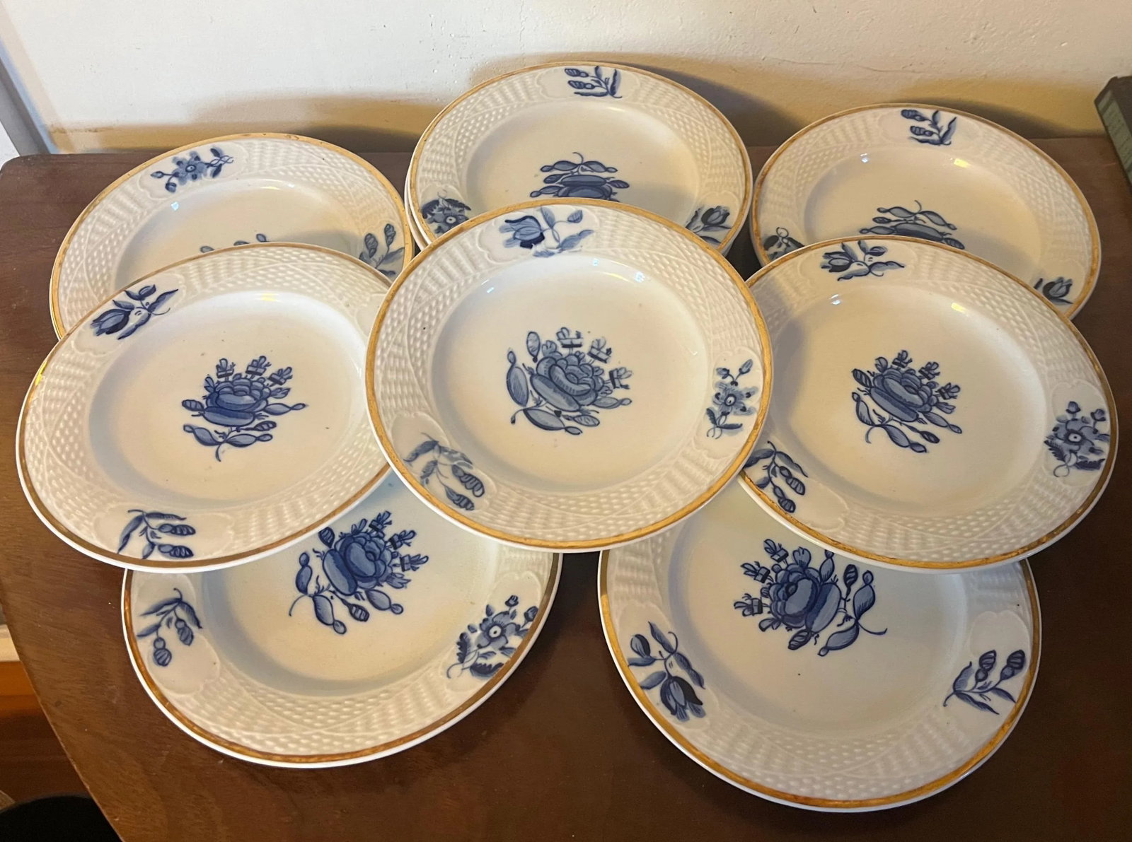 Small 7" Antique English Blue & White Porcelain Serving Plates With Basketweave Border - Set of 10 - 7