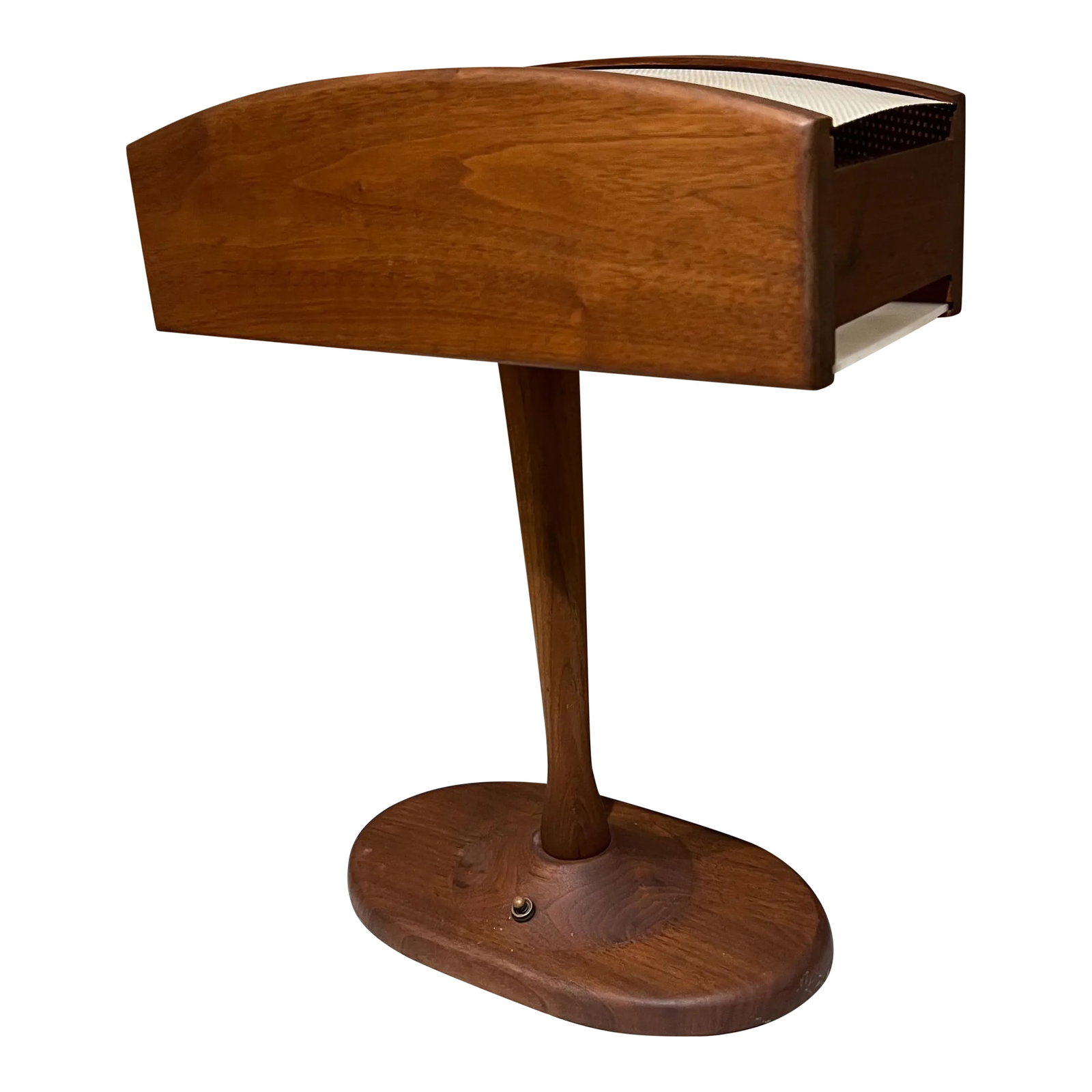 1960s Mid-Century Modern Walnut Desk Lamp With Organic Design: For your consideration, an organic with modern lines, table - desk lamp. Mid-Century modern design. Crafted from warm, rich walnut wood with a distinctive wood grain texture. Features an arched, recta