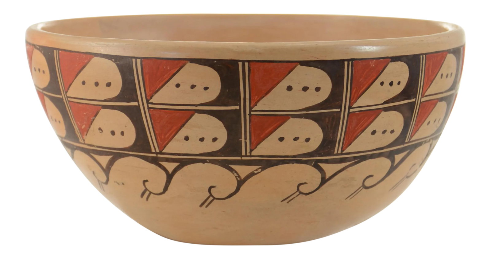 Hopi Style Wave Design Bowl: Southwest hand-coiled vintage Hopi style bowl hand-painted with traditional migration design elements including black and iron red wave shapes on the golden polished burnished clay body. The aesthetic