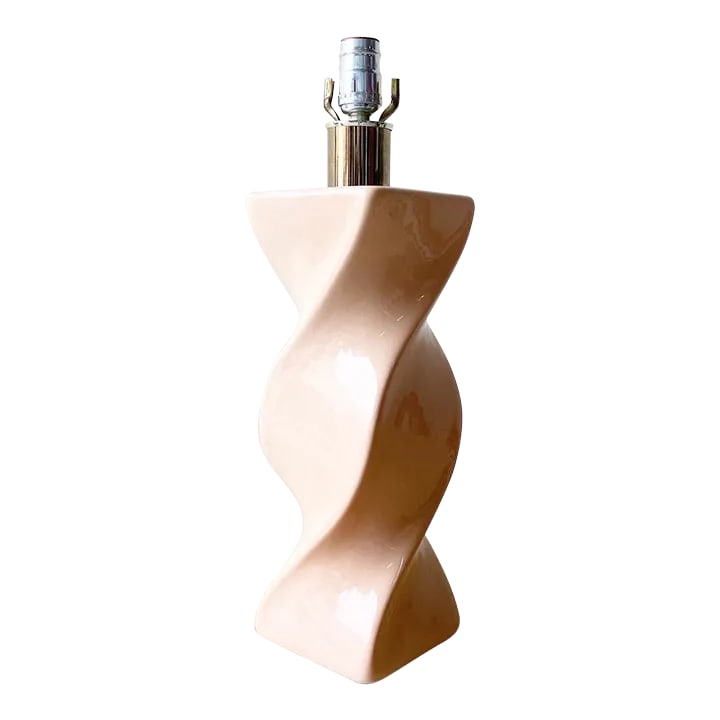 Postmodern Pink Ceramic and Lucite Swirled Table Lamp: Outstanding vintage postmodern ceramic table lamp. Features a pink glass finish over the twisted rectangular body. 3 way lighting Condition: Alterations: Original Condition Unaltered Imperfections: So