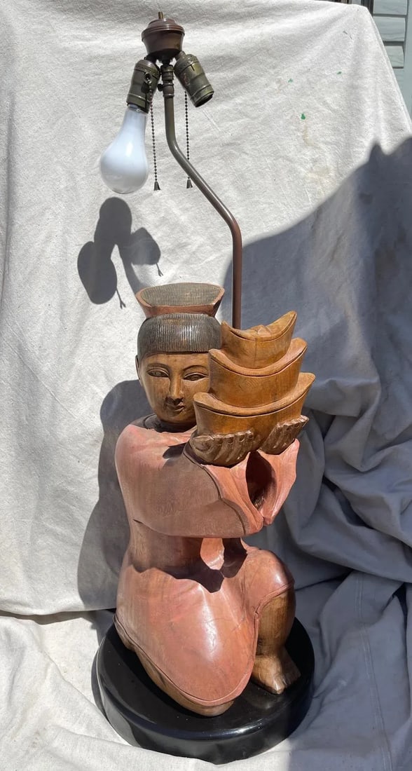 Vintage Hand Carved Asian/Indonesian Wood Figure Table Lamp - 12