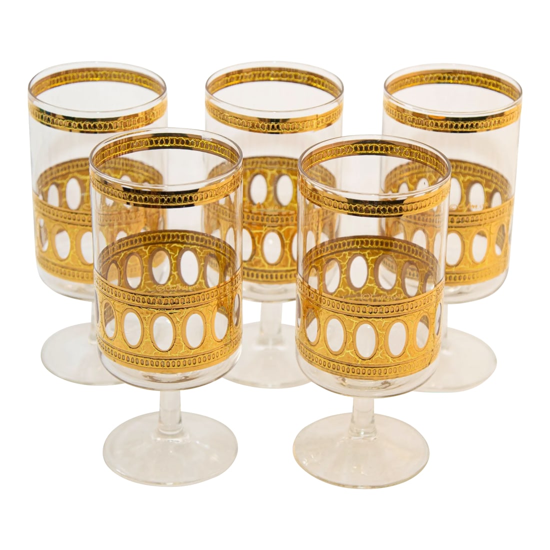 Culver Ltd Antigua Pattern 22 K Gold Barware Glasses Set of 5 Vintage From 1950: Mid 20th Century Vintage Culver Ltd "Antigua" Crackled 22k Gold drinking goblet glasses - Set of 5. A set of five Mid 20th Century drinking glasses by Culver, LTD. in the Antigua pattern. Clear glass 