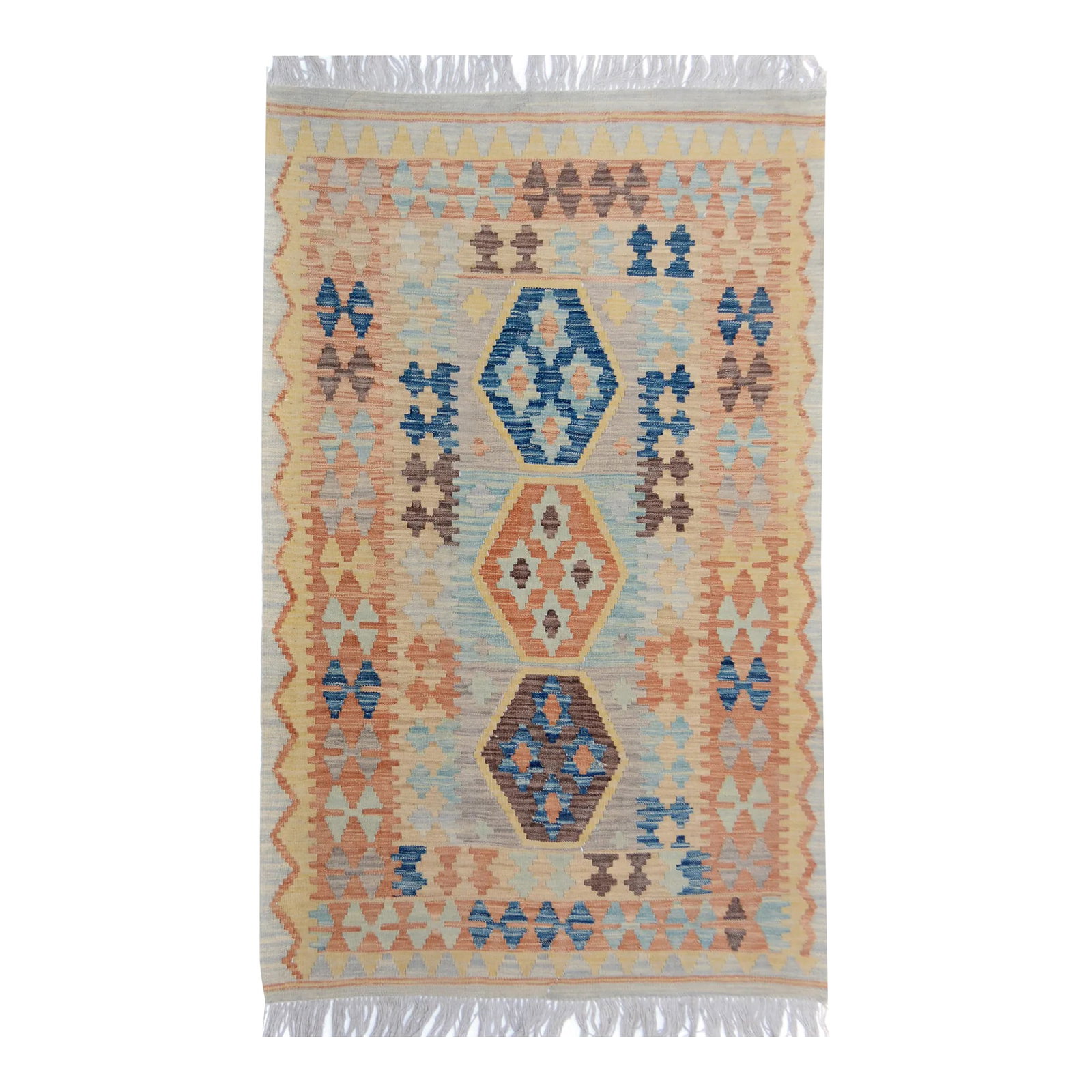 Abstract Tribal Kilim Gray Blue Wool Rug - 3'4" X 5'5": Add a touch of elegance to your home with this casual chic hand woven Tribal Kilim wool rug. Constructed on a loom by Nomad Turkman people with hand-spun wool and 100% Natural Vegetable dyes these bea