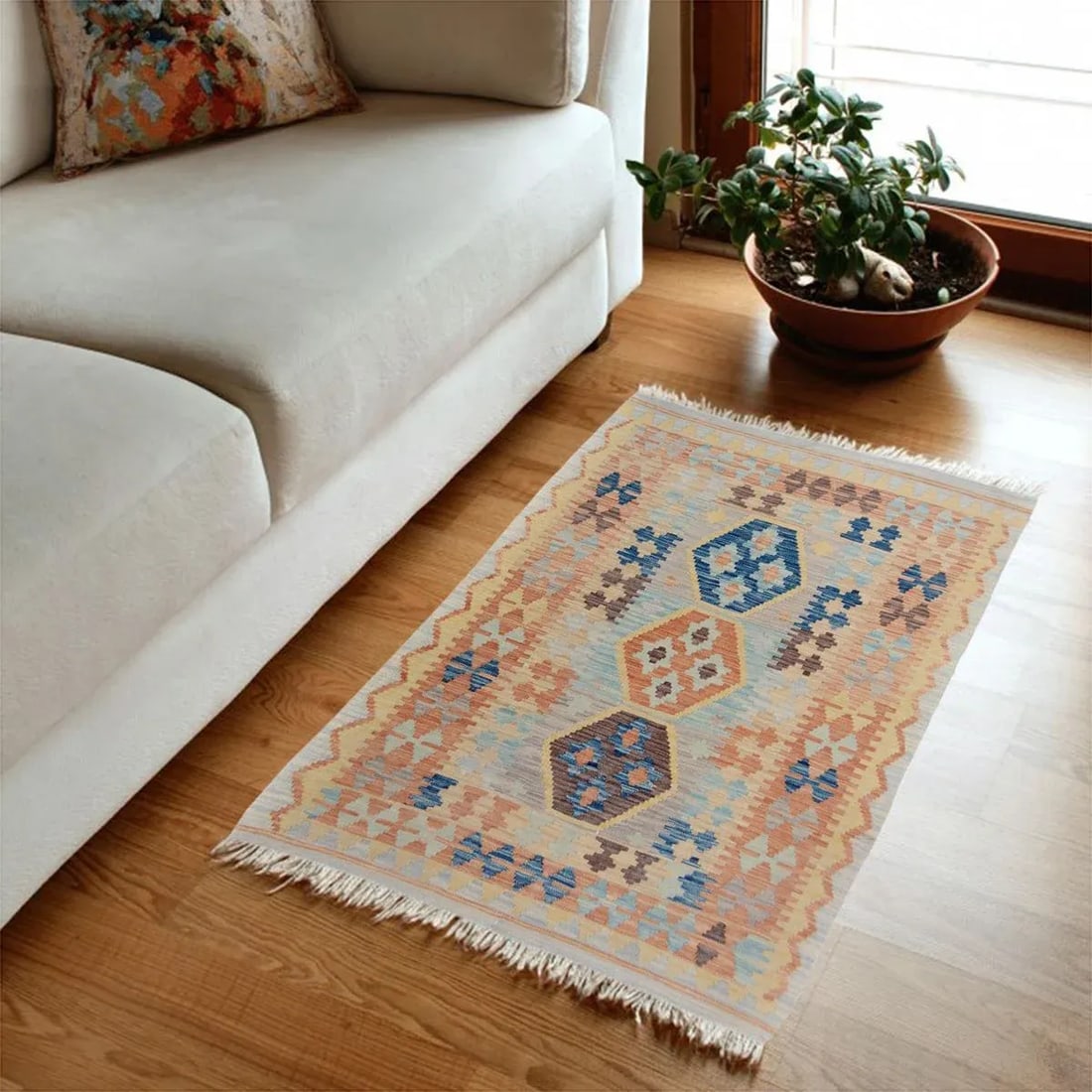 Abstract Tribal Kilim Gray Blue Wool Rug - 3'4" X 5'5" - 2