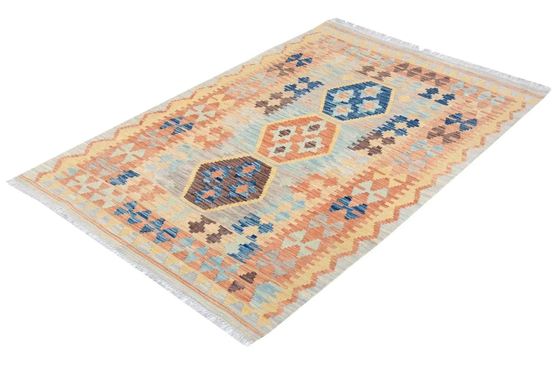 Abstract Tribal Kilim Gray Blue Wool Rug - 3'4" X 5'5" - 3