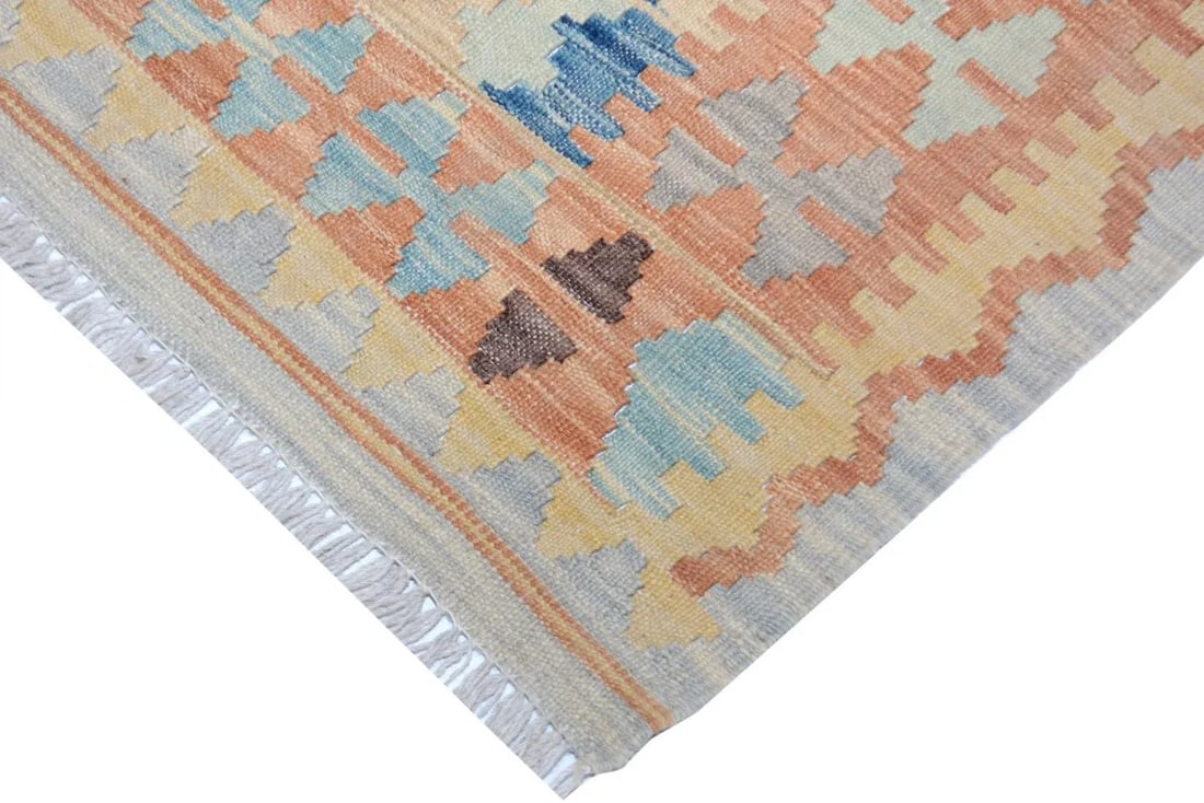Abstract Tribal Kilim Gray Blue Wool Rug - 3'4" X 5'5" - 4