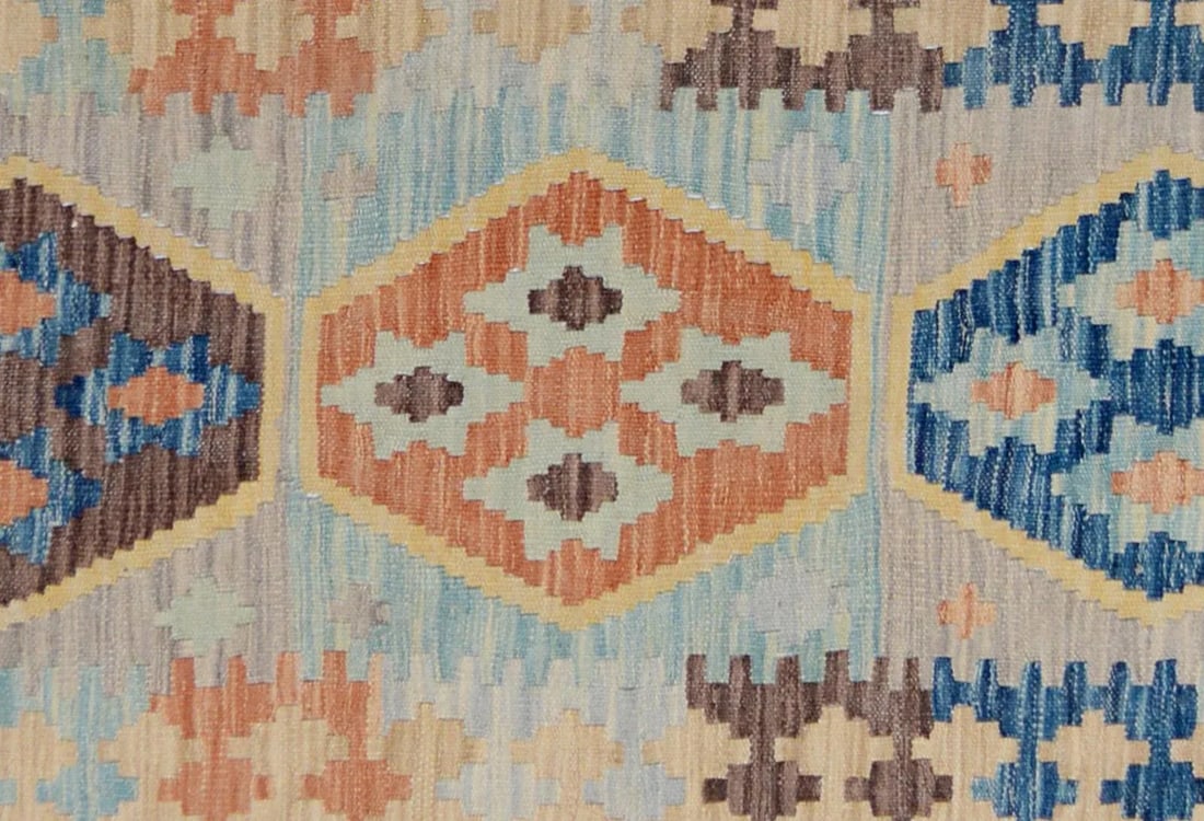 Abstract Tribal Kilim Gray Blue Wool Rug - 3'4" X 5'5" - 5