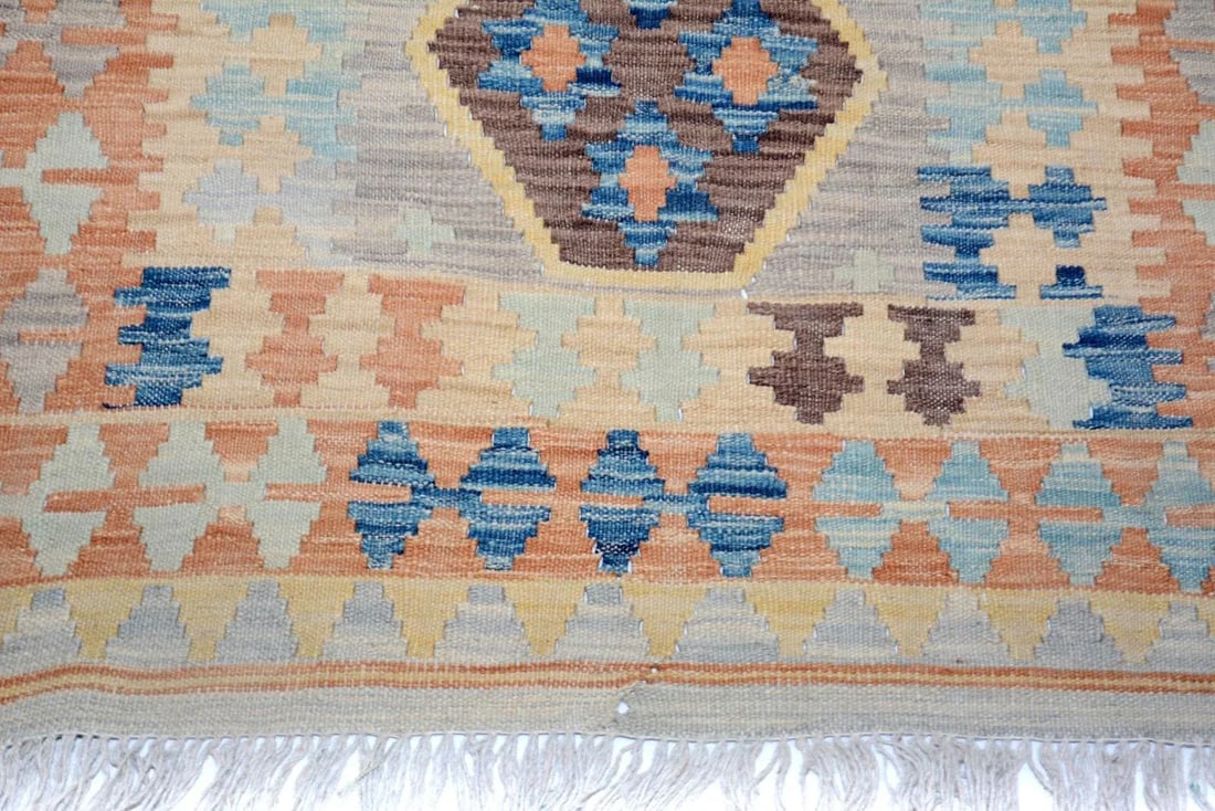 Abstract Tribal Kilim Gray Blue Wool Rug - 3'4" X 5'5" - 7