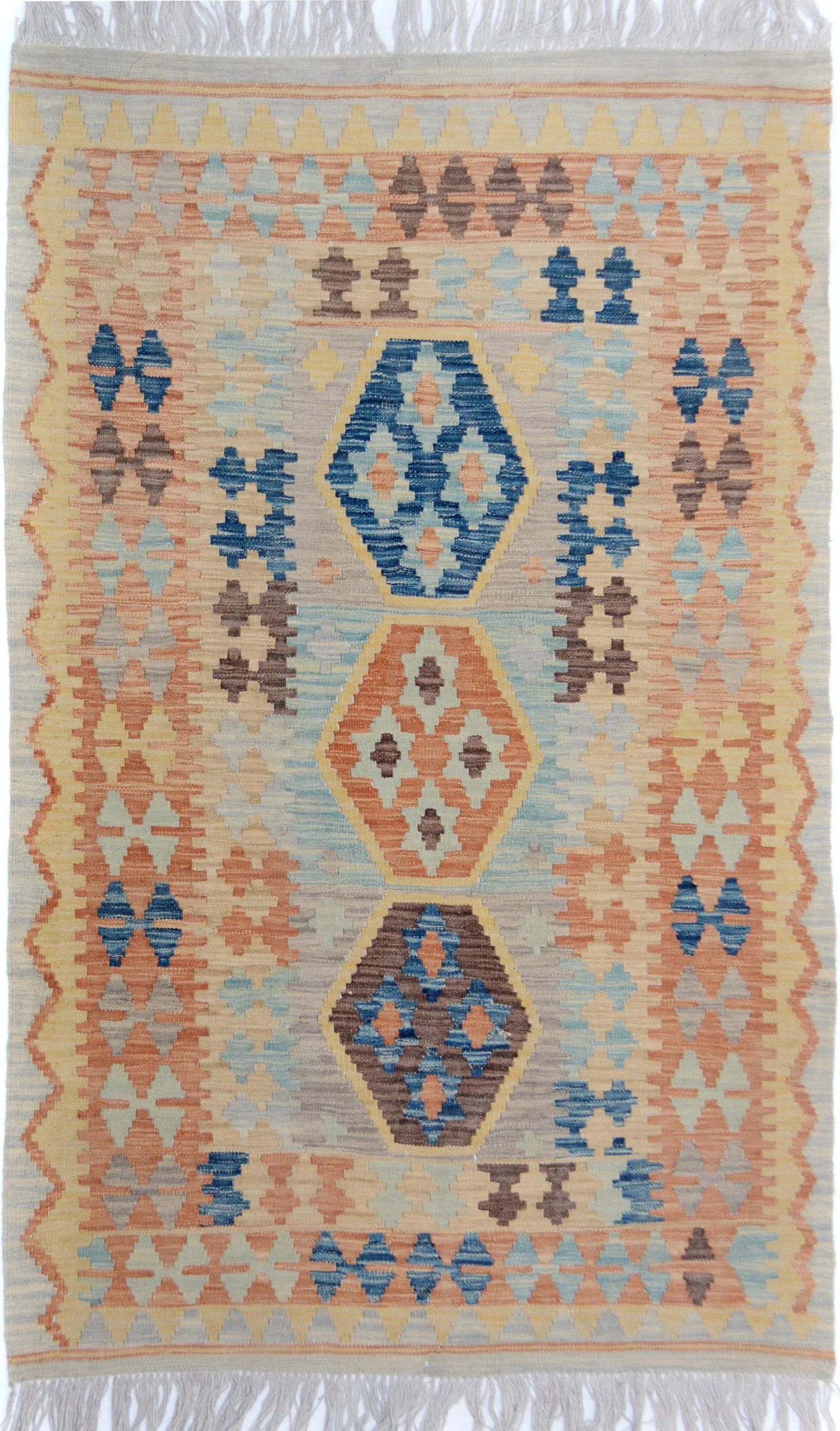 Abstract Tribal Kilim Gray Blue Wool Rug - 3'4" X 5'5" - 8