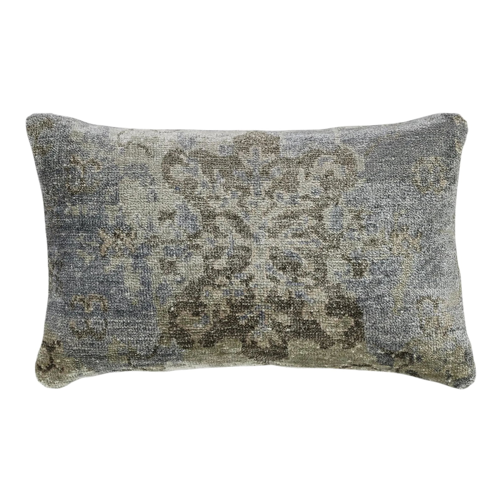 Modern Ocean Blue Medallion Throw Pillow: This new accent pillow of East-meets-West design aesthetic showcases a floral design with predominant ocean blue color. Hand made, using either 100% premium wool. This pillow measure: 14" x 22".