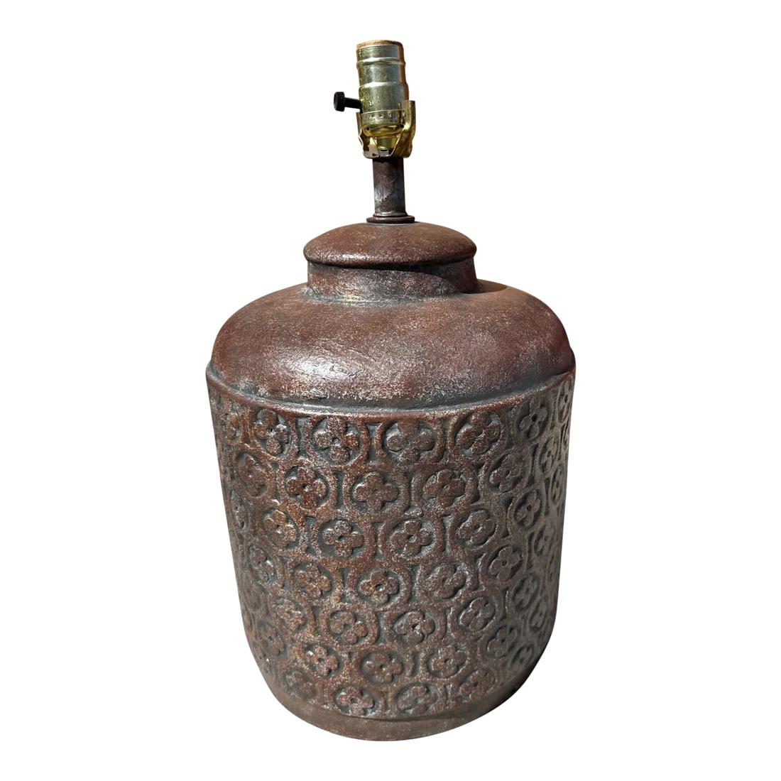 Vintage Postmodern Ceramic Urn Table Lamp: Vintage Postmodern Ceramic Urn/Jug Table Lamp with a flower design. Looks rustic with a moroccan vibe. Brown with undertones of black. Wood also be great painted a cream color. 10in w x 19in h Make su