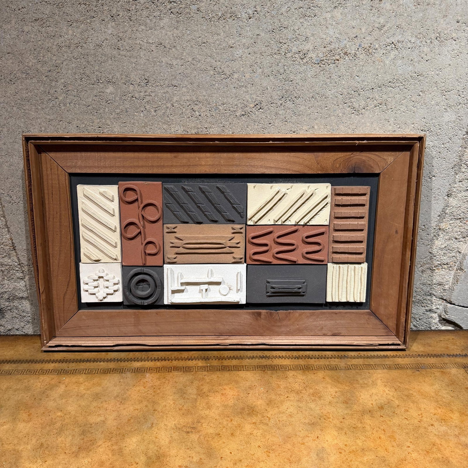 1980s Modern Pottery Tile Wall Art Framed Wood, Geometric Design Mid-Century Mod - 12