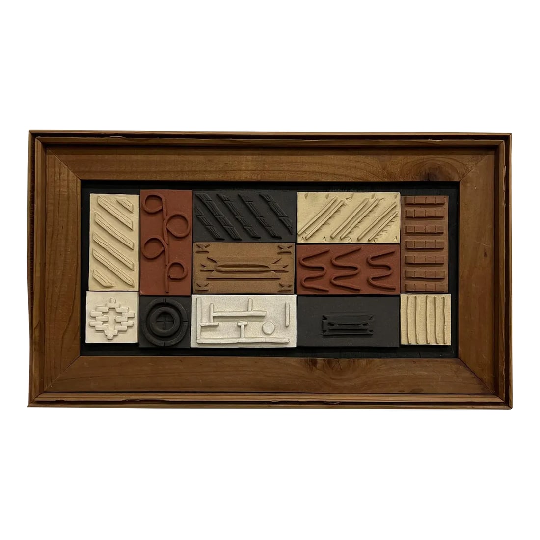 1980s Modern Pottery Tile Wall Art Framed Wood, Geometric Design Mid-Century Mod: For your consideration, a vintage 1980s modern pottery tile wall art featuring an assembly of textured, geometric ceramic tiles arranged inside a wood frame. The artwork showcases mid-century modern-i