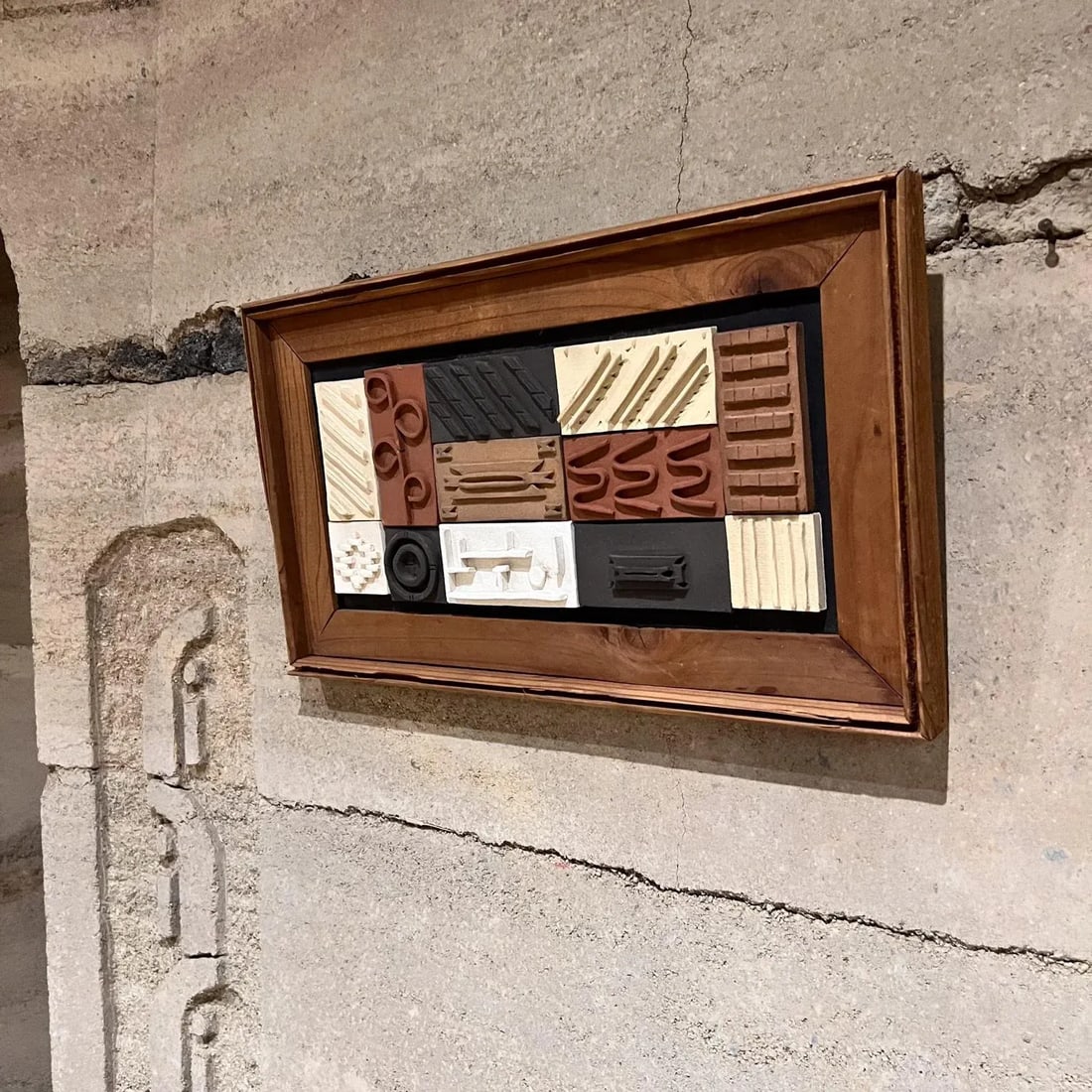 1980s Modern Pottery Tile Wall Art Framed Wood, Geometric Design Mid-Century Mod - 2