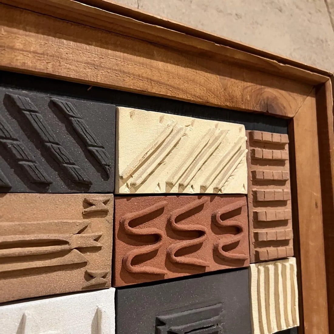 1980s Modern Pottery Tile Wall Art Framed Wood, Geometric Design Mid-Century Mod - 5