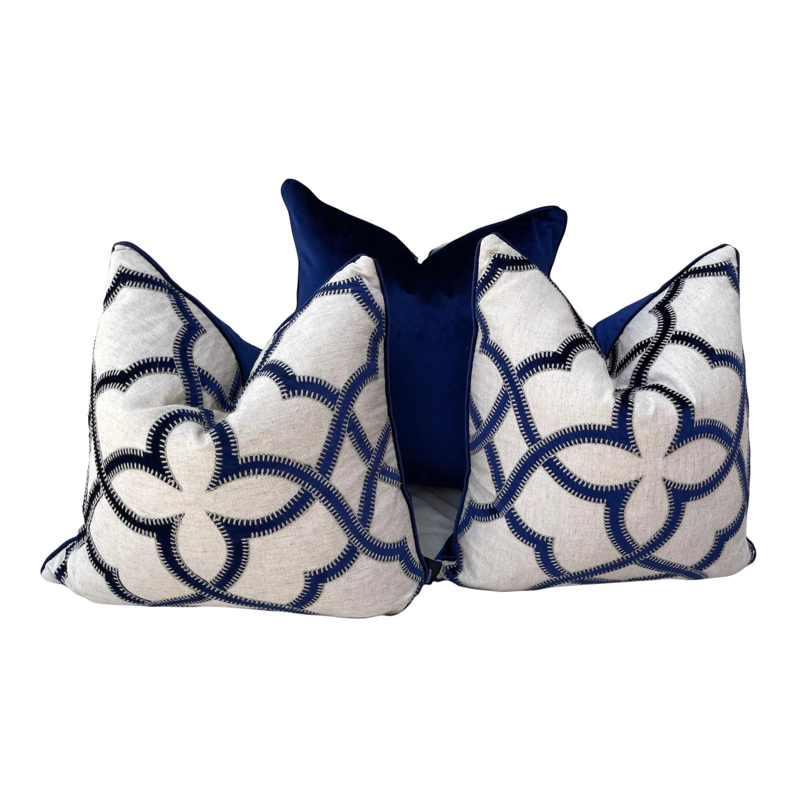 Trio of Blue Velvet/Khaki Decor Pillows: Beautiful Trio of Blue Velvet/Khaki pillows with a star type pattern. Back side a jewel tone blue velvet and front side with the pattern. Feather filled. Used for staging I have some blue table lamps 