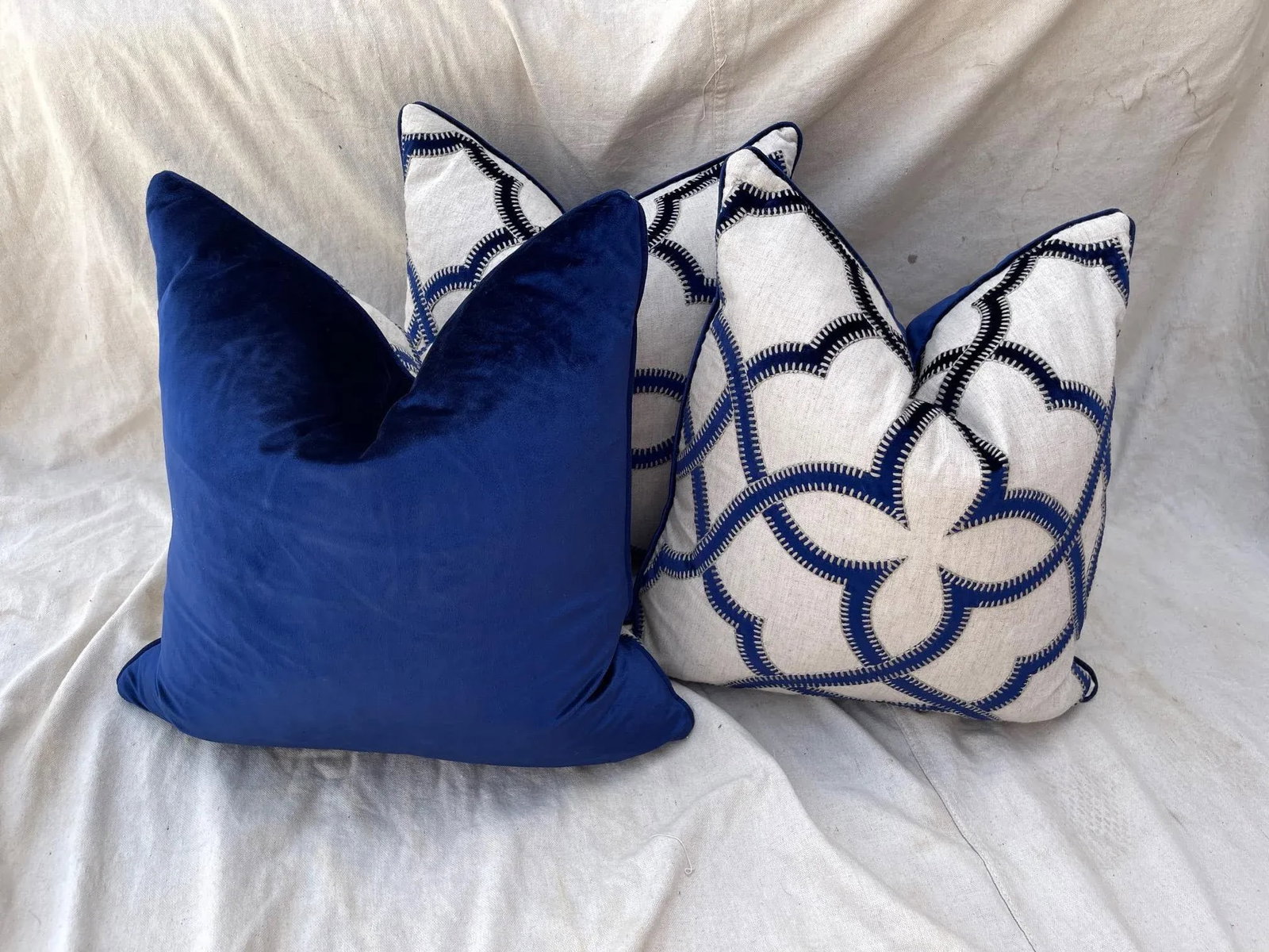 Trio of Blue Velvet/Khaki Decor Pillows - 2