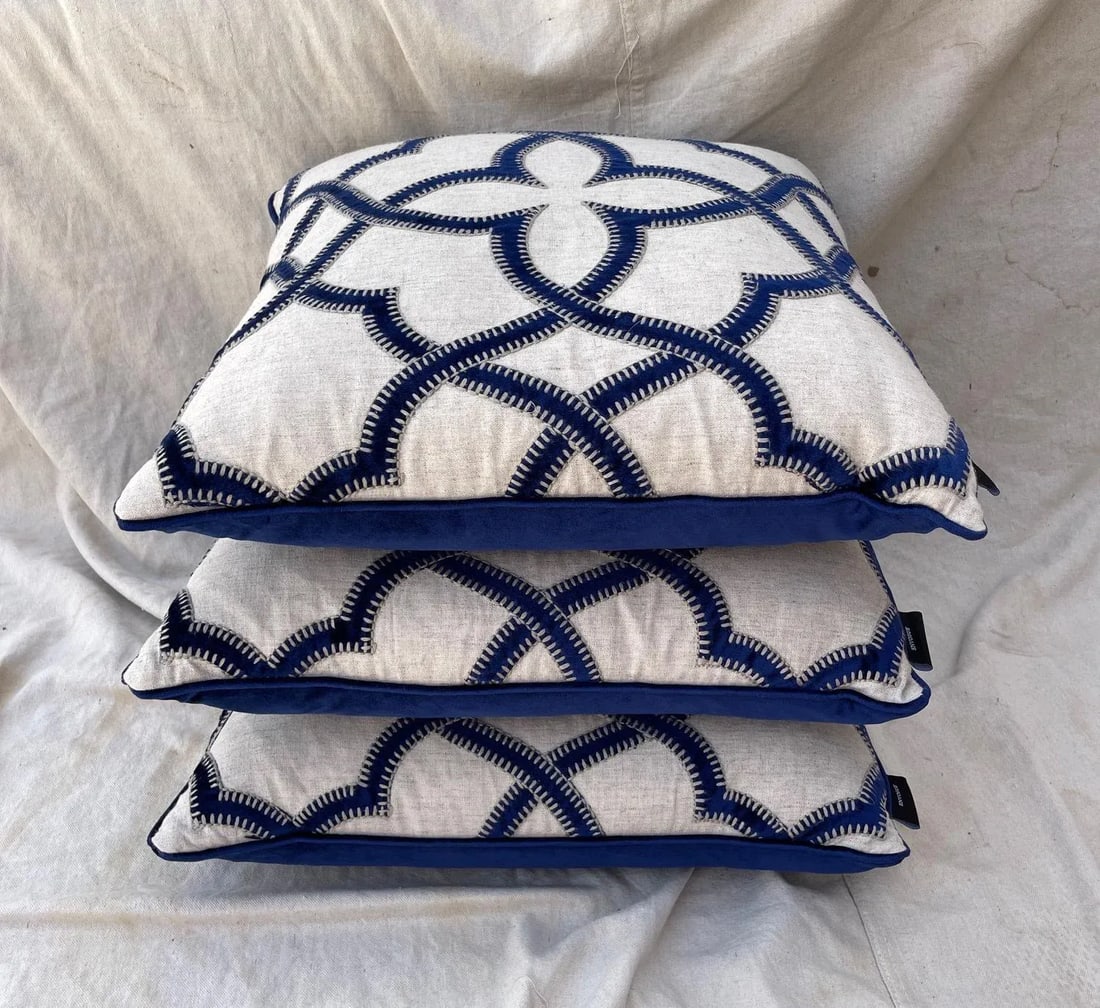 Trio of Blue Velvet/Khaki Decor Pillows - 3