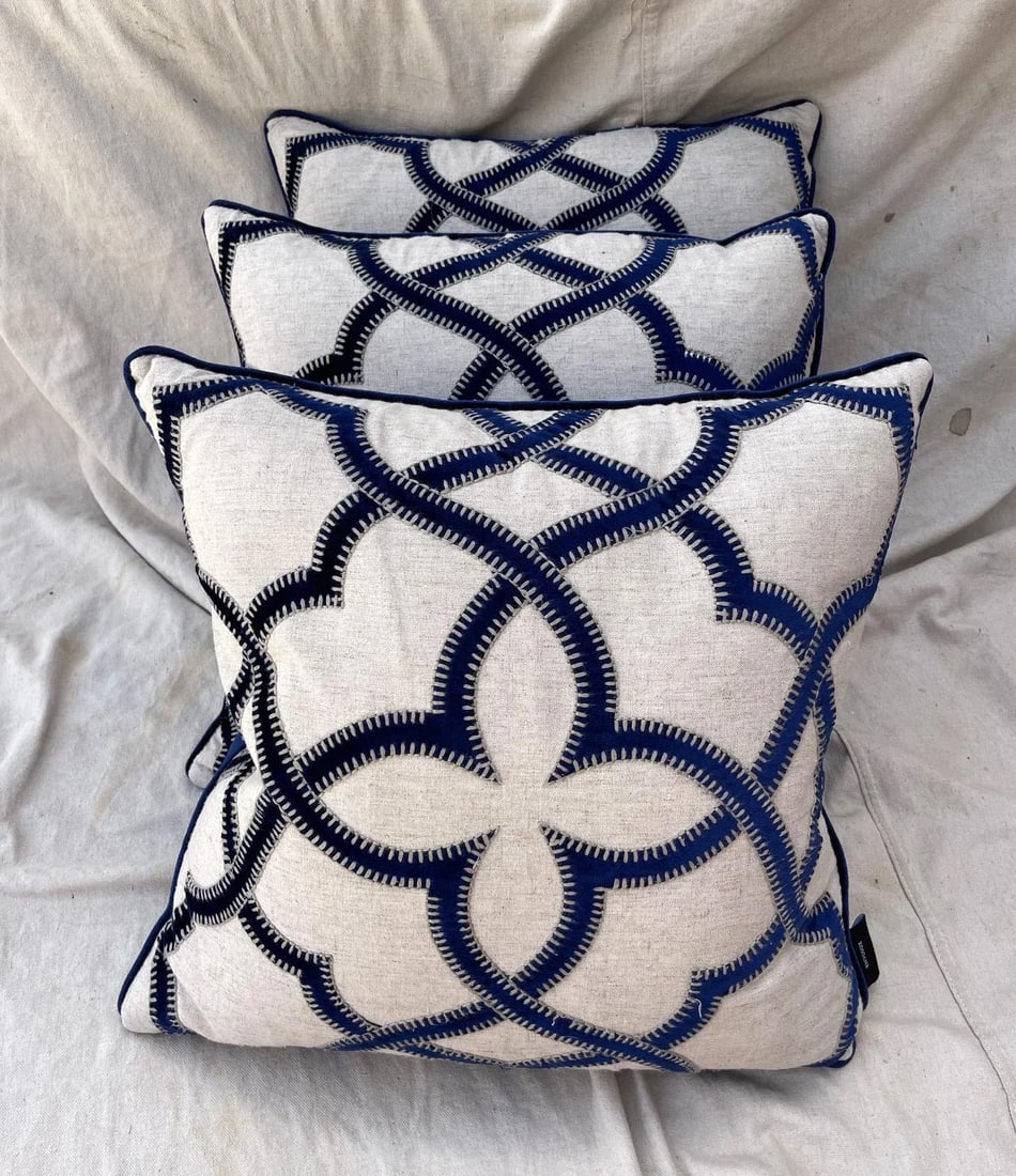 Trio of Blue Velvet/Khaki Decor Pillows - 4