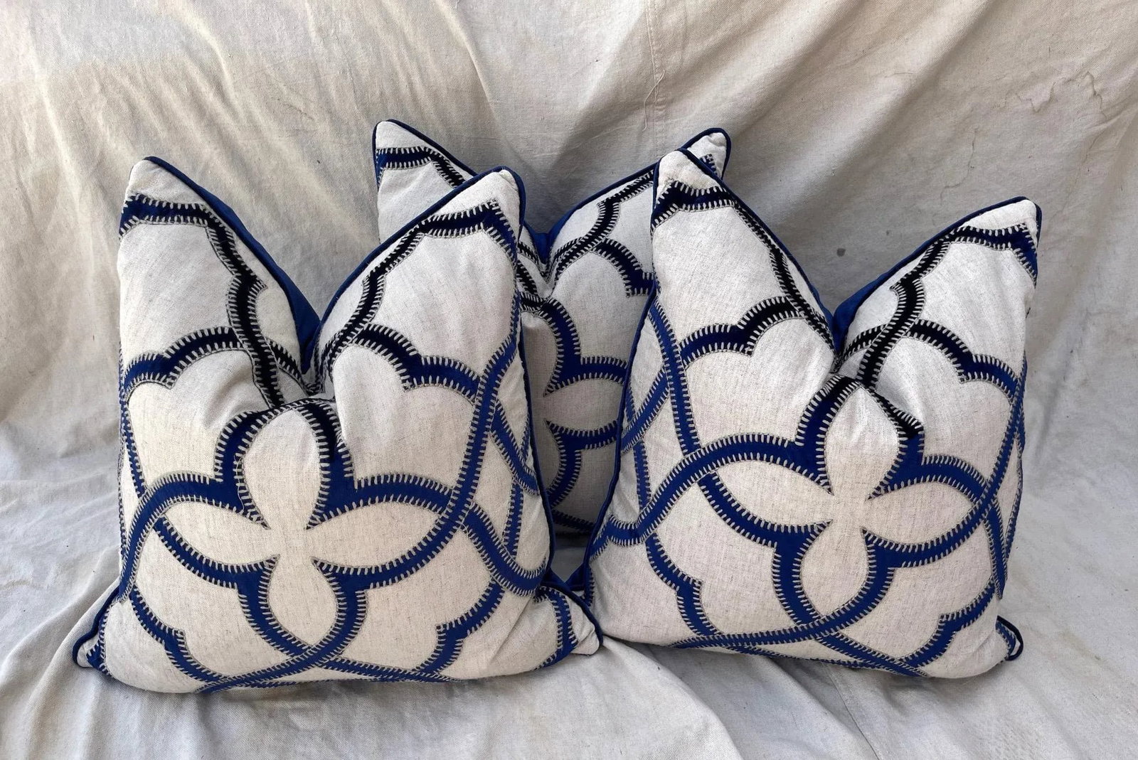 Trio of Blue Velvet/Khaki Decor Pillows - 5