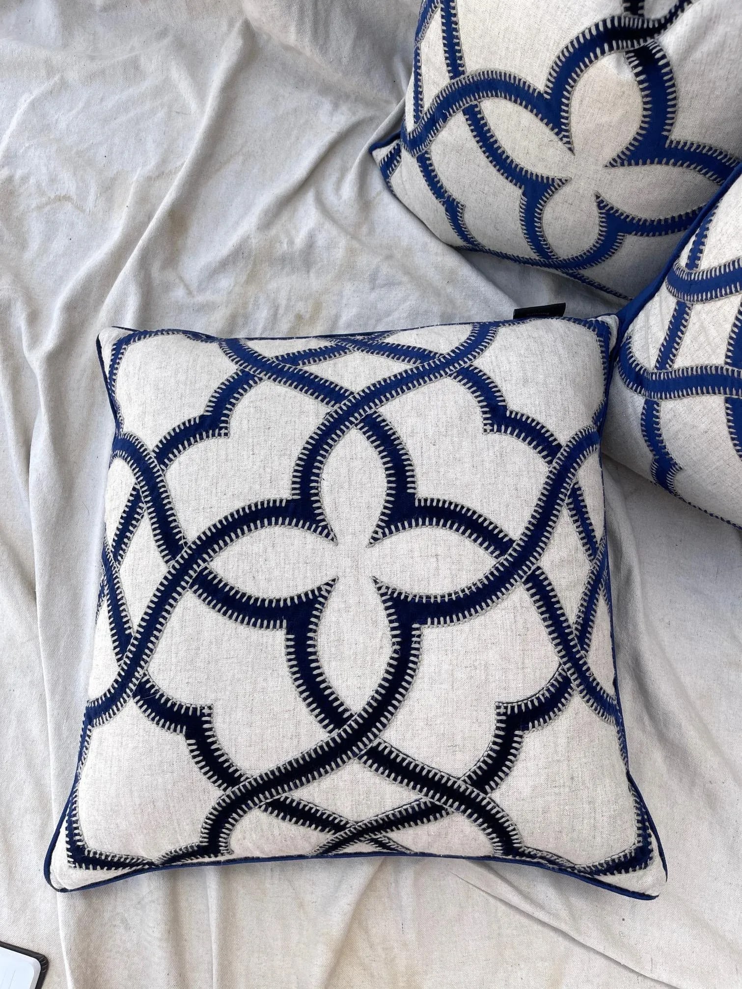 Trio of Blue Velvet/Khaki Decor Pillows - 6