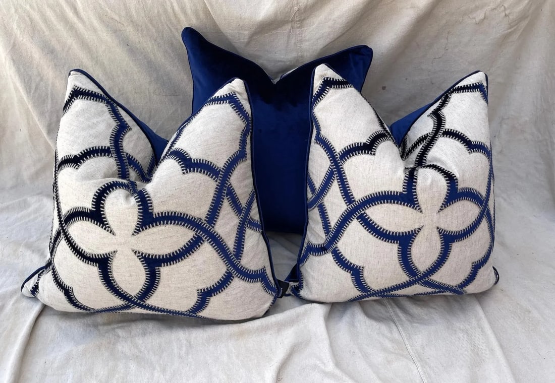 Trio of Blue Velvet/Khaki Decor Pillows - 9