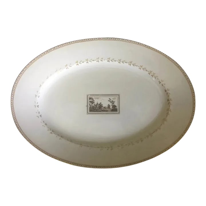Large Richard Ginori Porcelain Oval Serving Platter in the Pittoria or Fiesole Pattern With Sepia La: Large Richard Ginori porcelain oval platter the Pittoria pattern decorated with a central landscape reserve in sepia tones. The border with blue dots and gilding. Made in Italy. Measures 16 1/2" x 11 