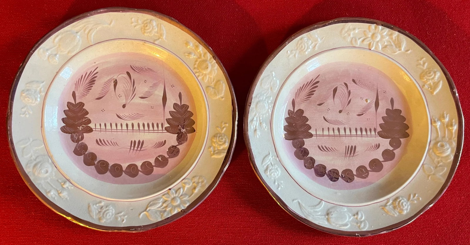 Antique 19th Century English Pink Luster Plates - a Set of 10 - 10