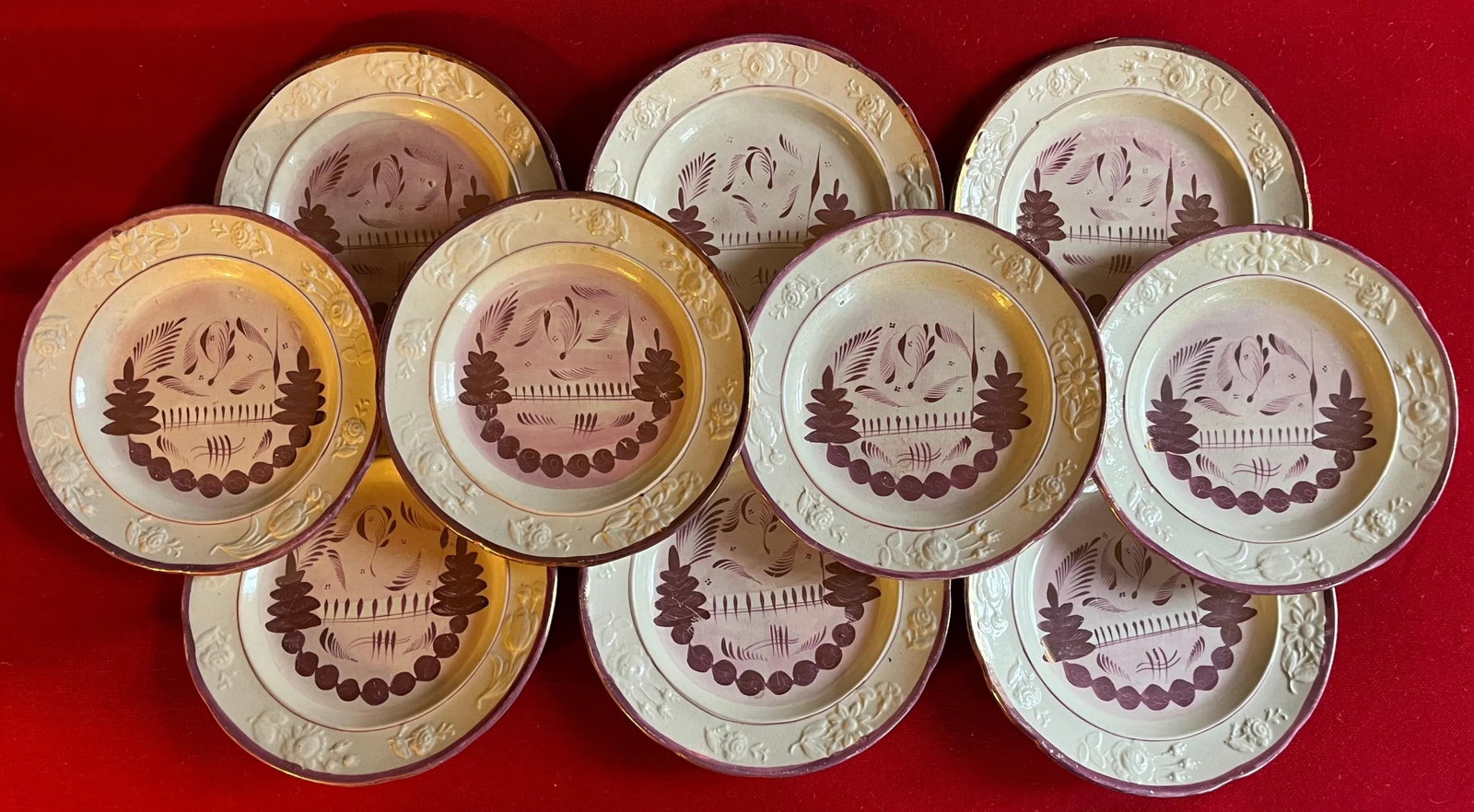 Antique 19th Century English Pink Luster Plates - a Set of 10 - 12