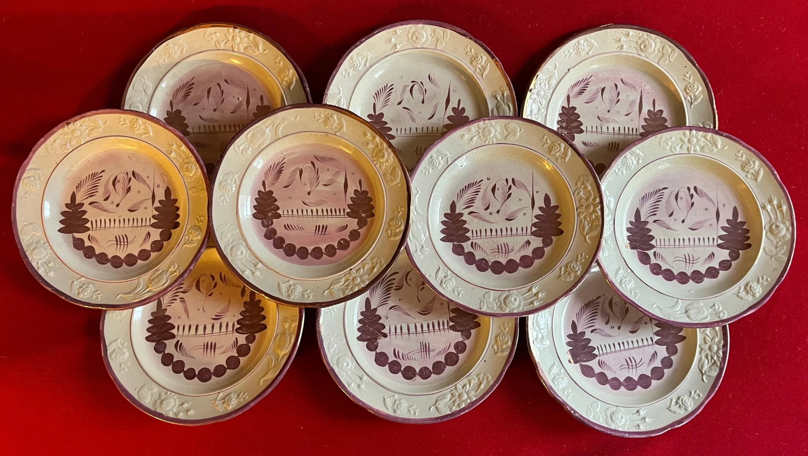 Antique 19th Century English Pink Luster Plates - a Set of 10 - 13