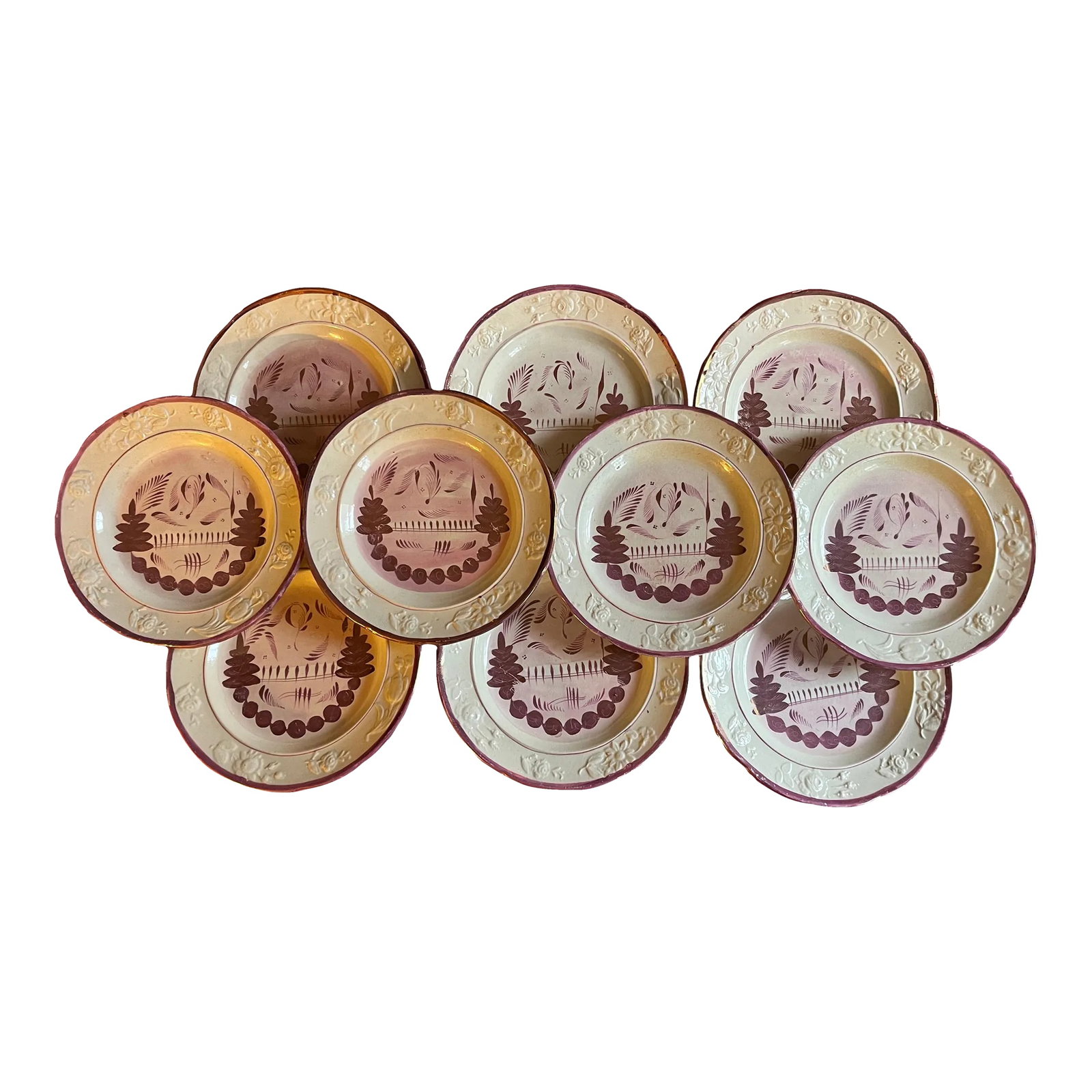 Antique 19th Century English Pink Luster Plates - a Set of 10: Set 10 antique 19th century English pink luster plates. Each decorated with a hand painted landscape scene within a border of relief molded flowers. Measure 8 1/4" diameter. Good condition - one plate